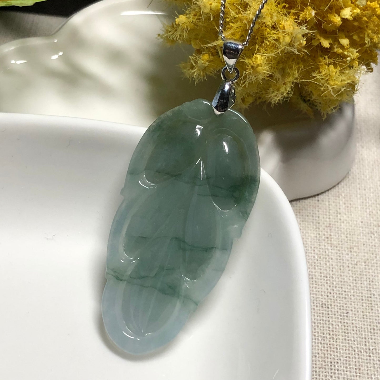 SALE 49.3 mm Grade A Green Float Gradient Lines Jadeite Jade Big Leaf with 925 sterling silver buckle