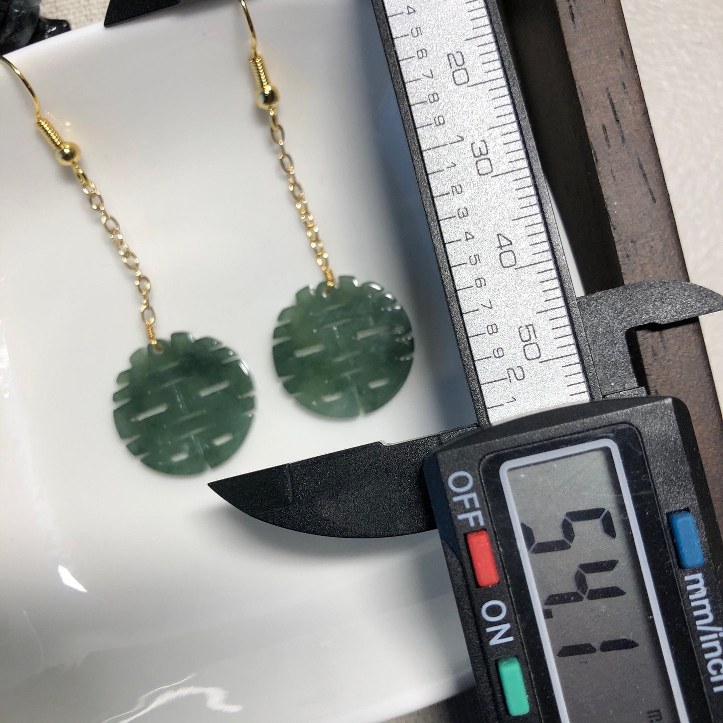 54.1 mm Grade A Icy Green Jadeite Jade Dangle Carved Double Happiness earrings set on 14K Gold Plate