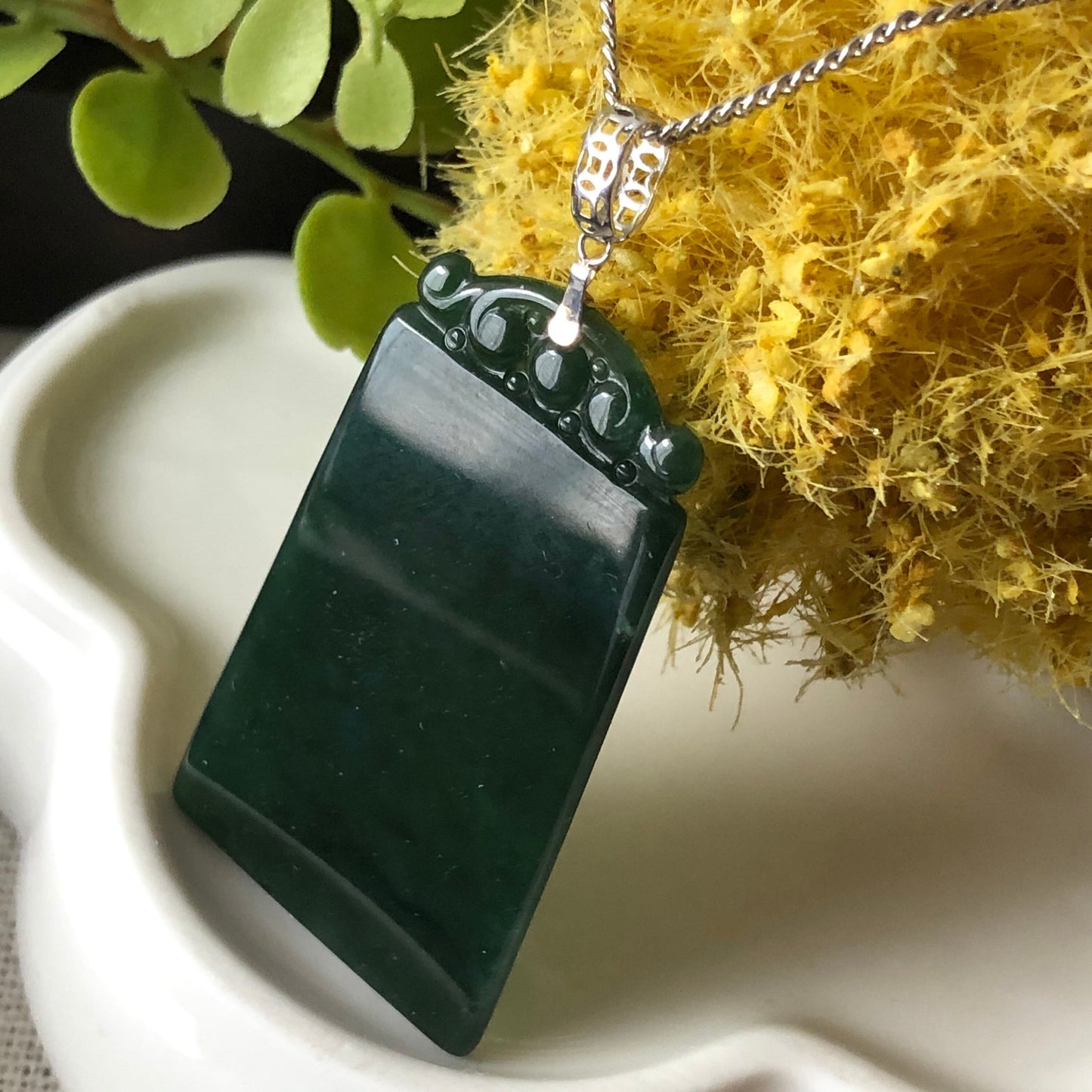 SALE 40.3 mm Grade A Icy Dark Green Carved Jadeite Jade Plaque with 18K white gold bail