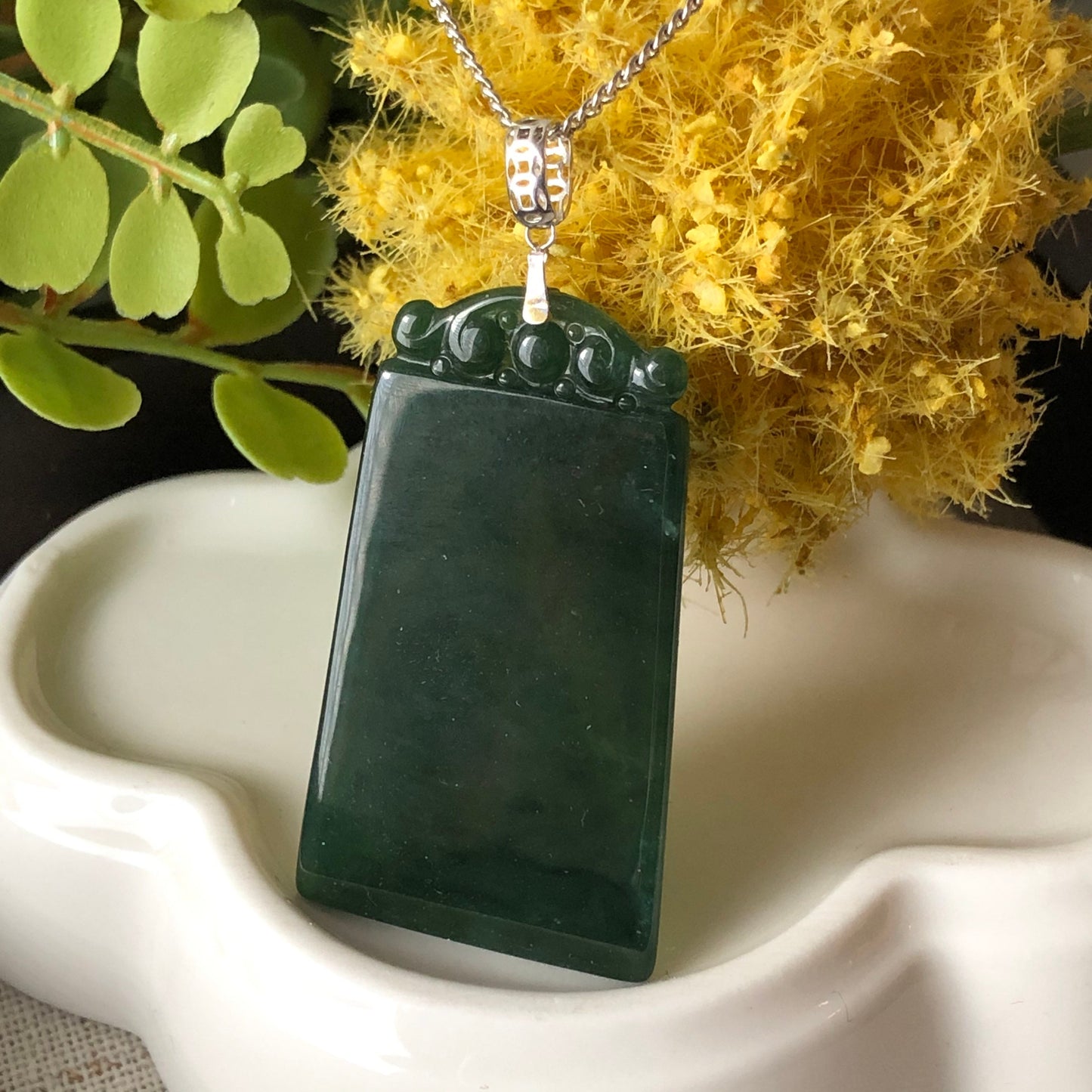 SALE 40.3 mm Grade A Icy Dark Green Carved Jadeite Jade Plaque with 18K white gold bail