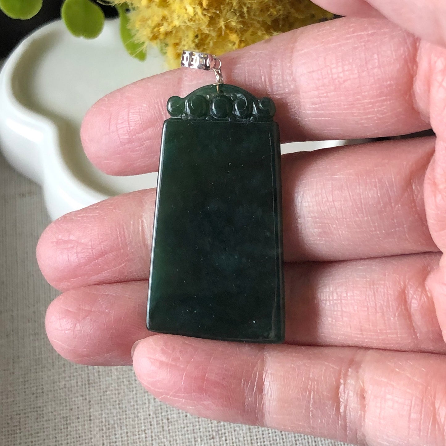 SALE 40.3 mm Grade A Icy Dark Green Carved Jadeite Jade Plaque with 18K white gold bail
