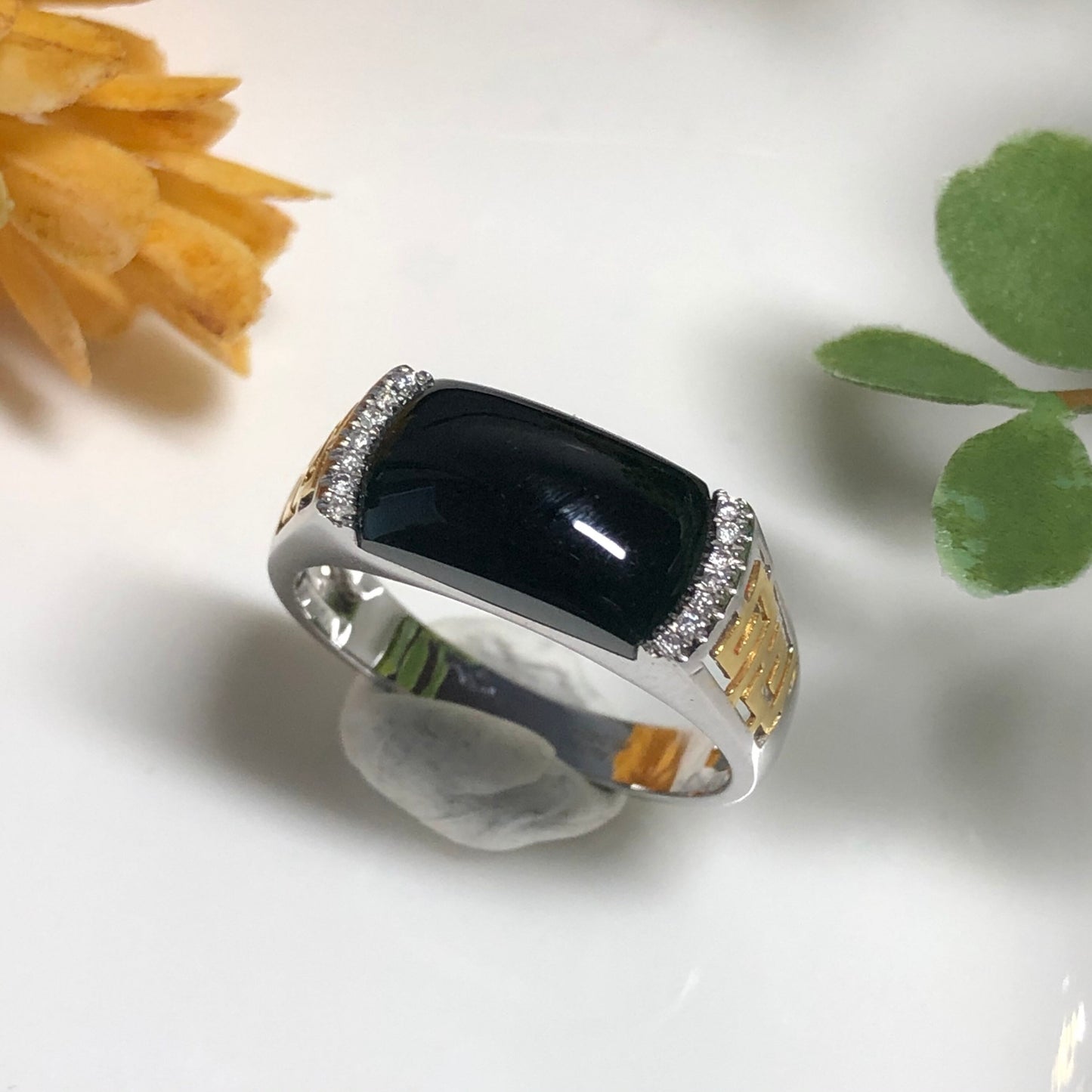 NEW Certified Grade A Omphacite Black Green Jadeite Jade Ring 18K White Gold