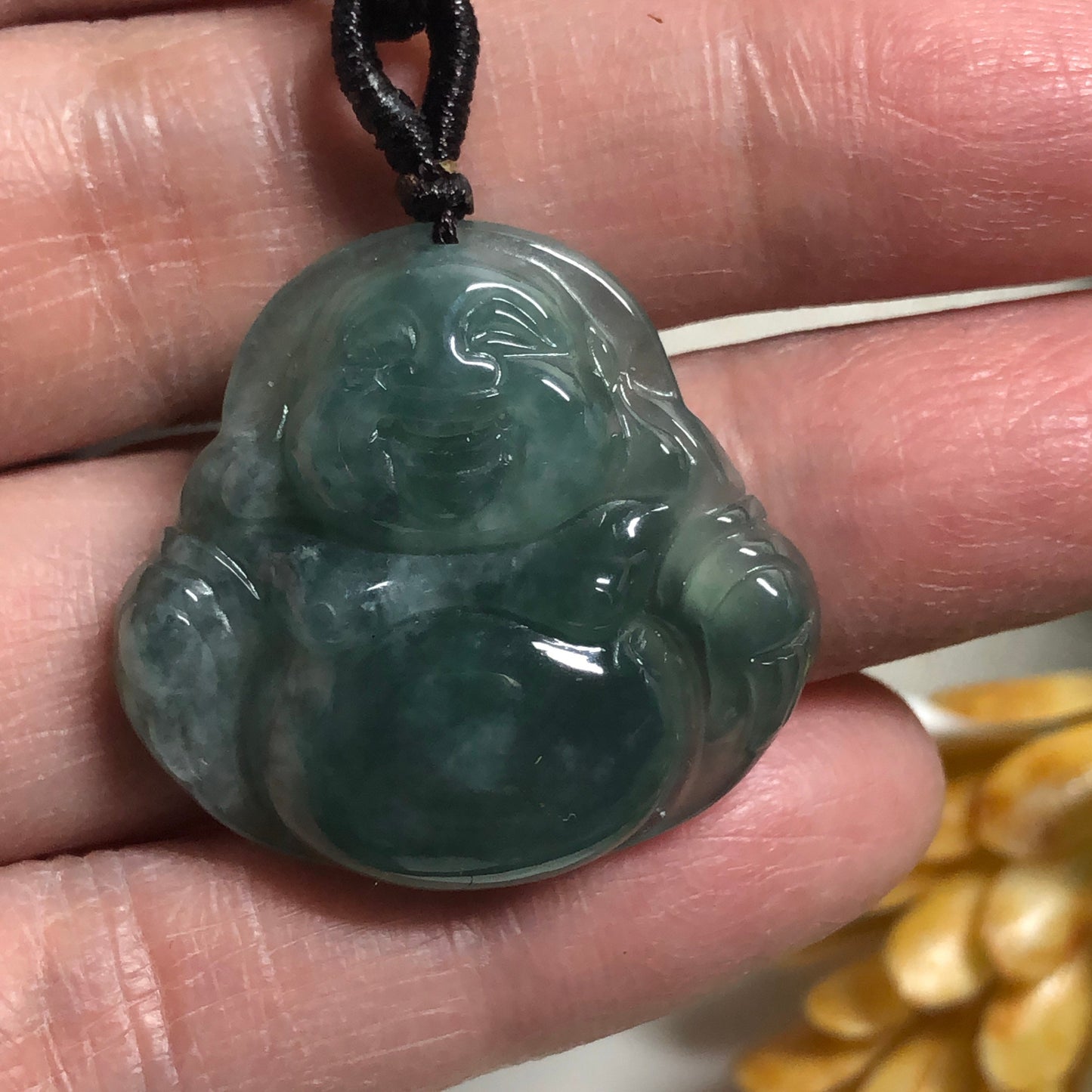 24.9 mm Grade A Jadeite Jade Carved Icy Earthy Green Buddha Pendant Keychain