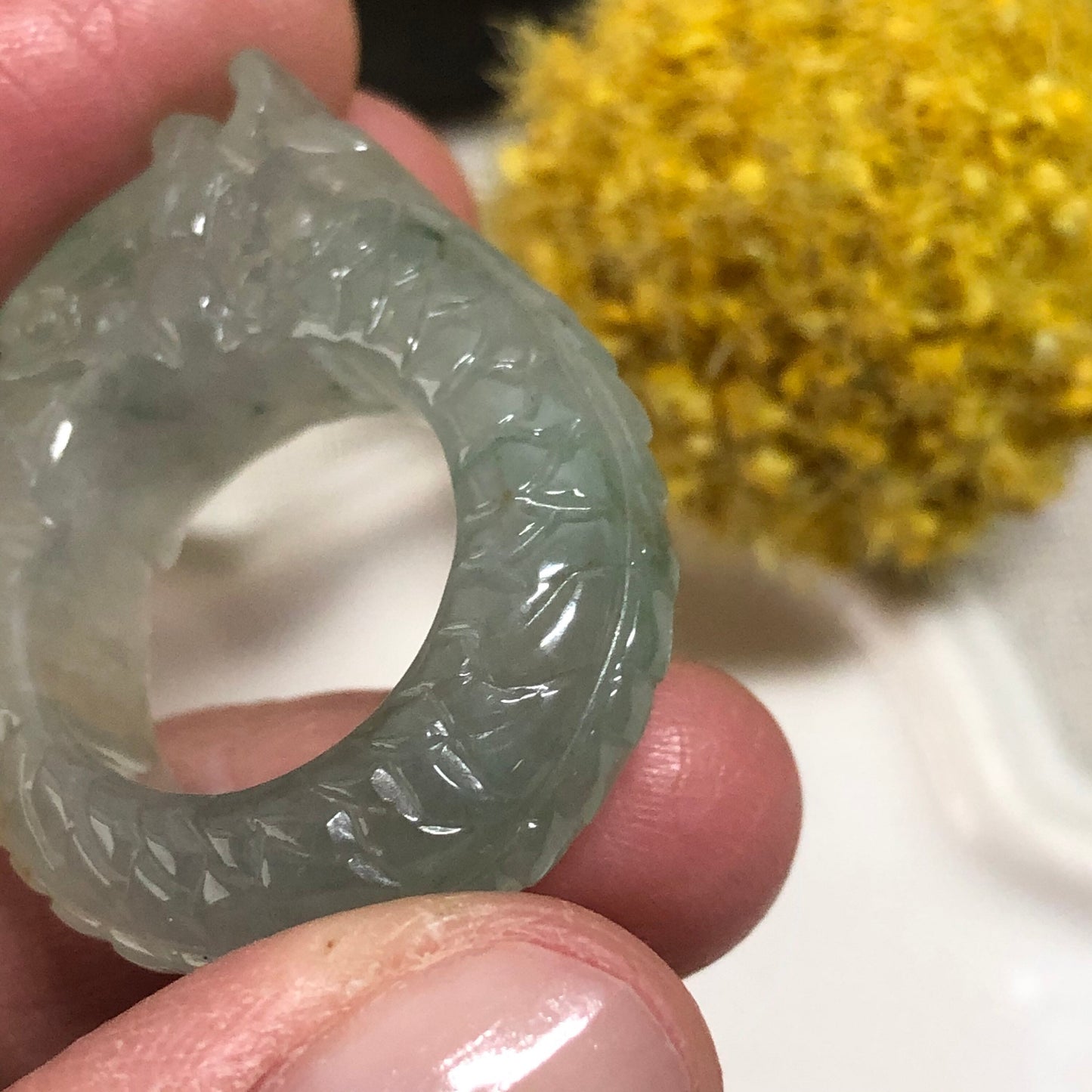 31mm Grade A Icy Glutinous Green Carved Dragon Head Jadeite Jade Ring Pendant