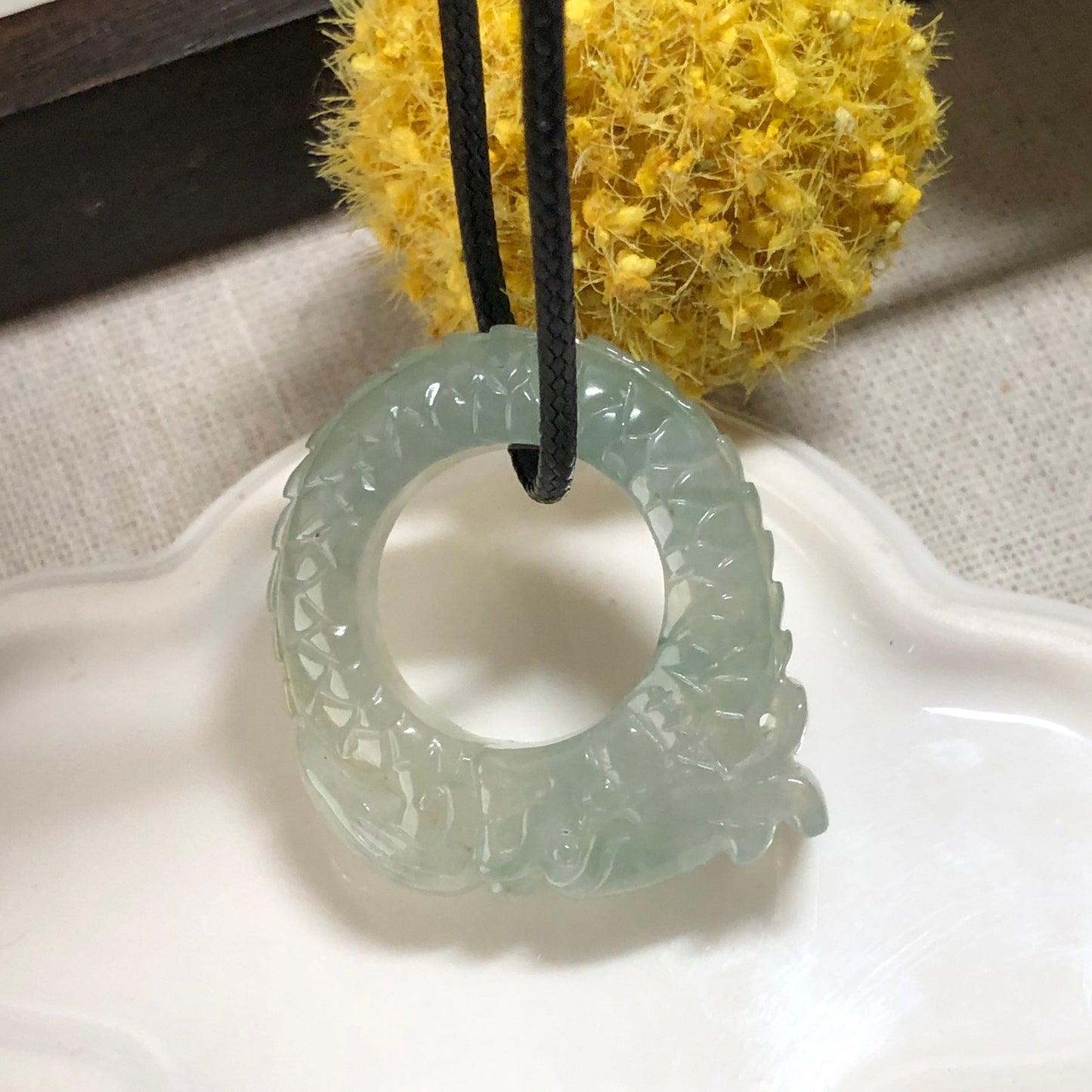 31mm Grade A Icy Glutinous Green Carved Dragon Head Jadeite Jade Ring Pendant