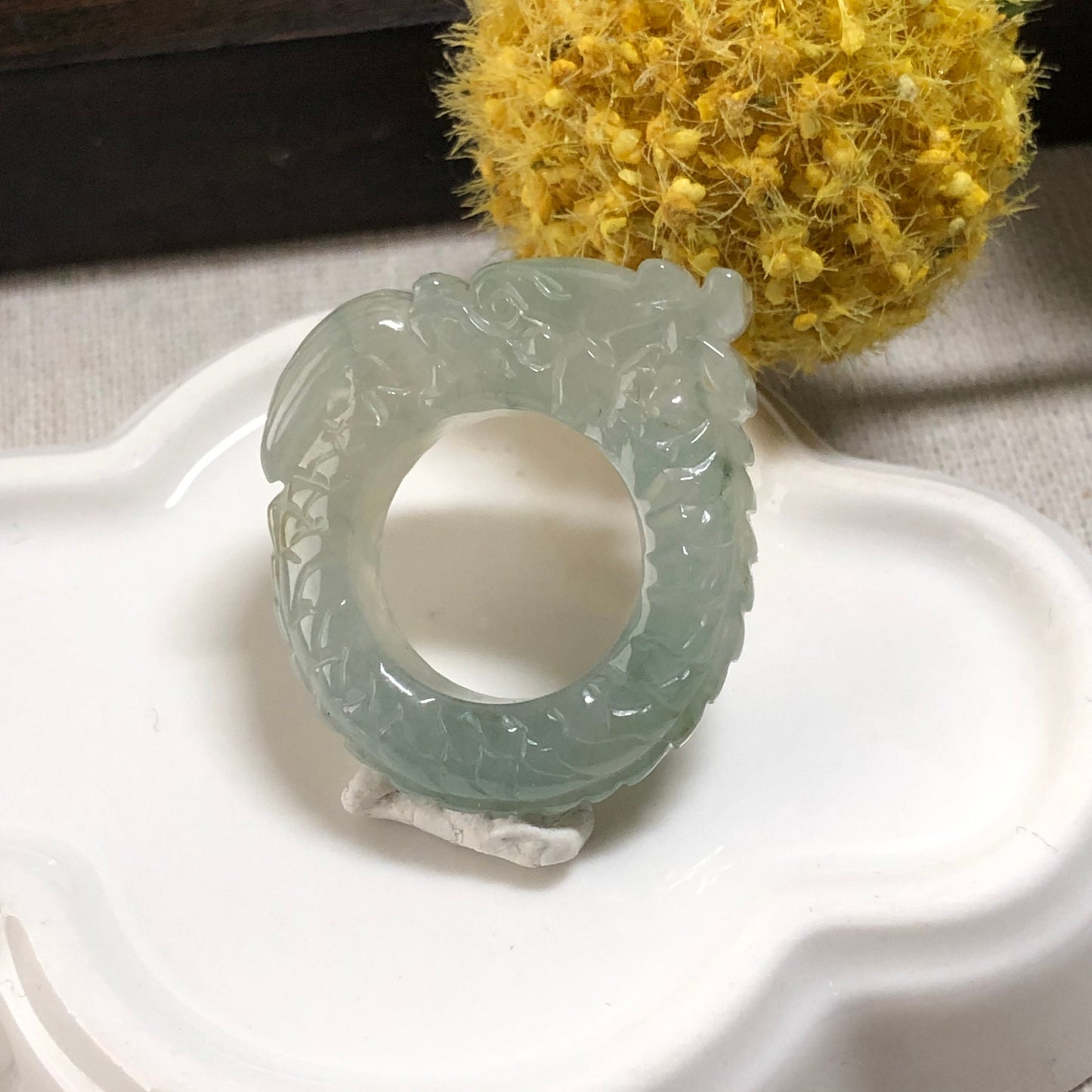 31mm Grade A Icy Glutinous Green Carved Dragon Head Jadeite Jade Ring Pendant