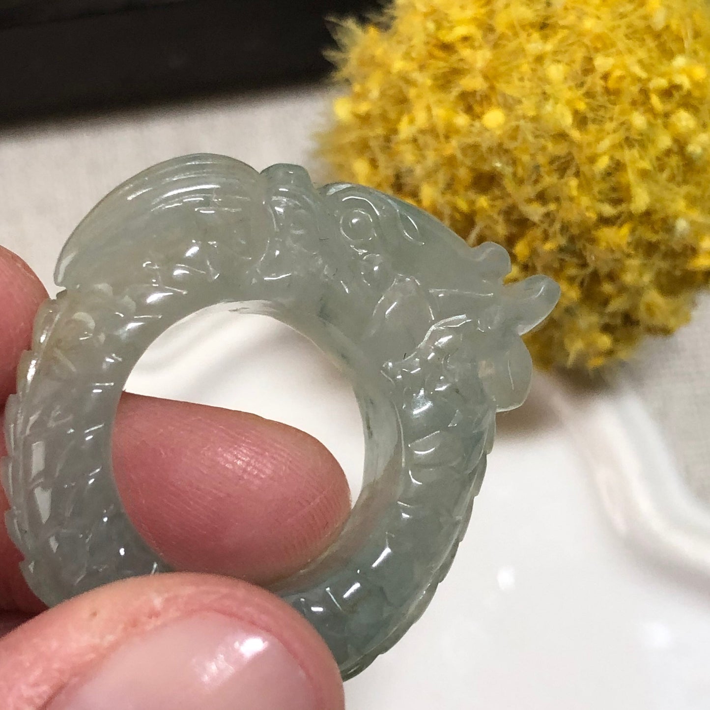 31mm Grade A Icy Glutinous Green Carved Dragon Head Jadeite Jade Ring Pendant