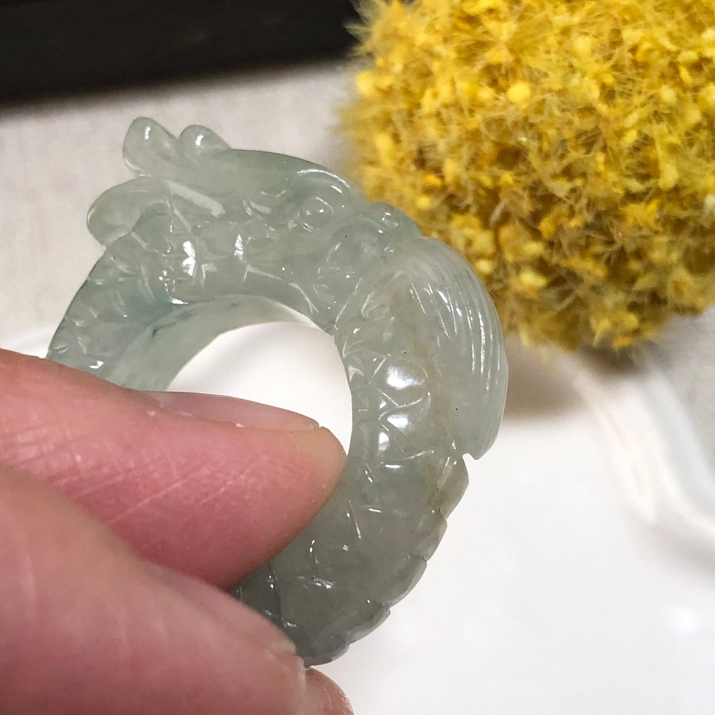 31mm Grade A Icy Glutinous Green Carved Dragon Head Jadeite Jade Ring Pendant