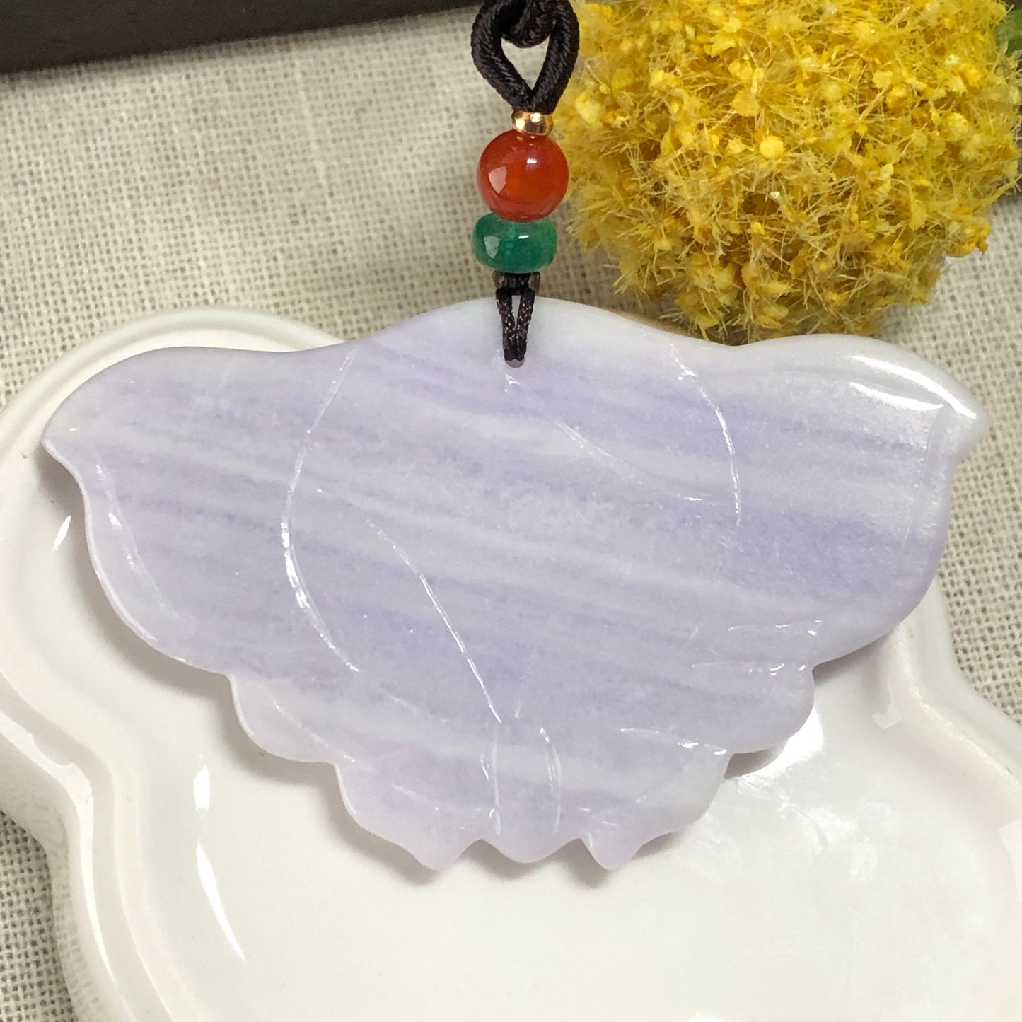64.2 mm Grade A Big Lavender Jadeite Jade Carved Butterfly Pendant Neck Rope Tie