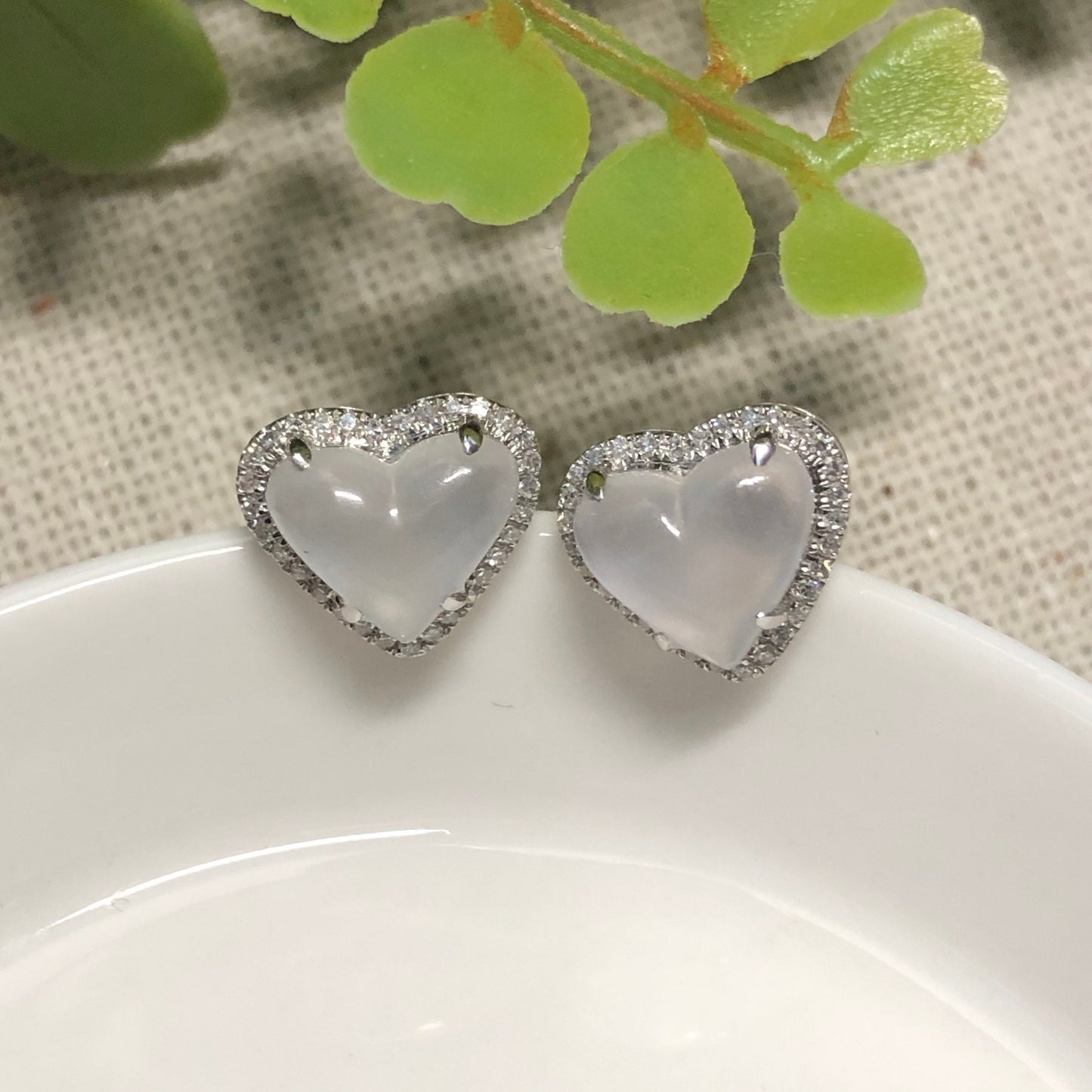 RESERVED: Grade A 3D Icy Glow Jadeite Jade Heart 18K White Gold Earring Diamonds