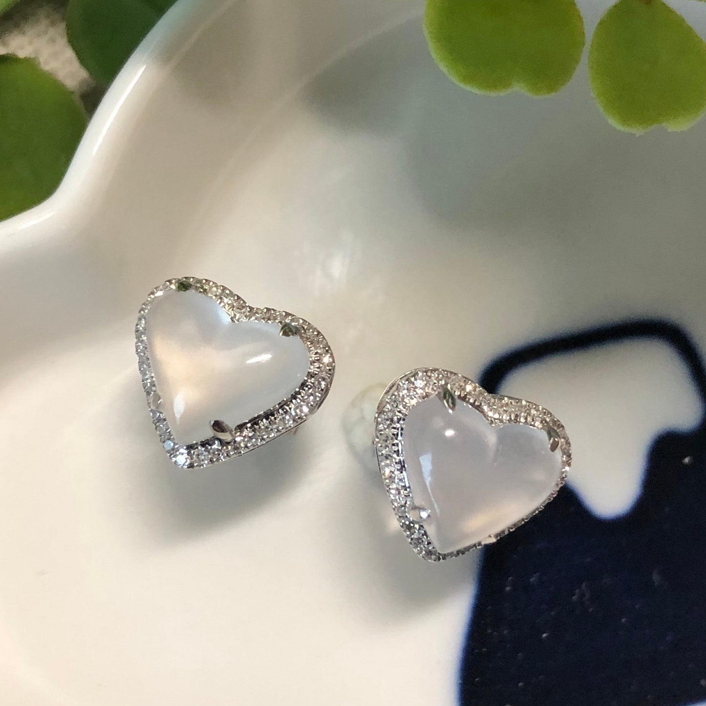 RESERVED: Grade A 3D Icy Glow Jadeite Jade Heart 18K White Gold Earring Diamonds