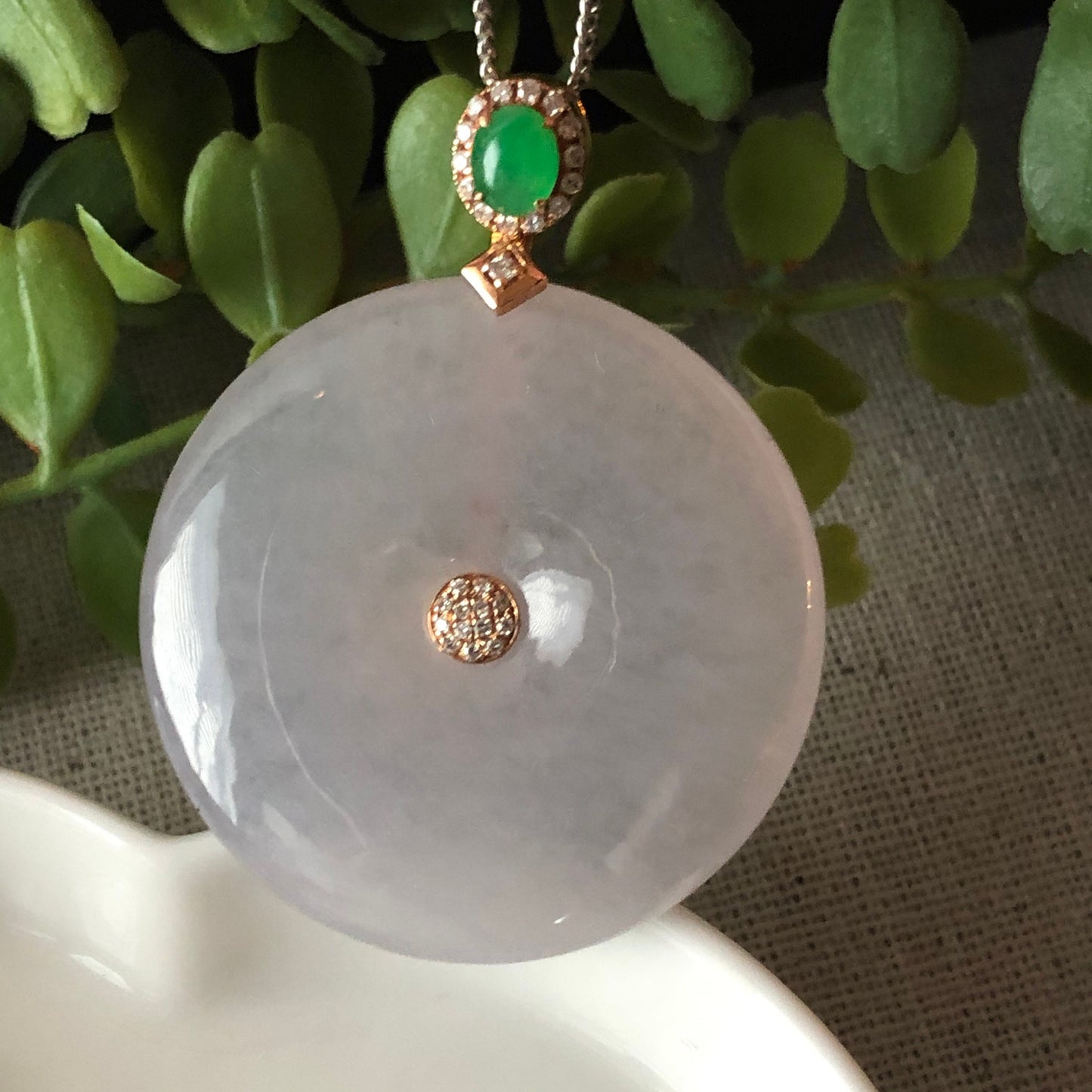 SALE: Grade A Jade Jadeite Moist Icy Light Pink Peace Donut set on 18K White Gold with Cabochon Bail Diamonds