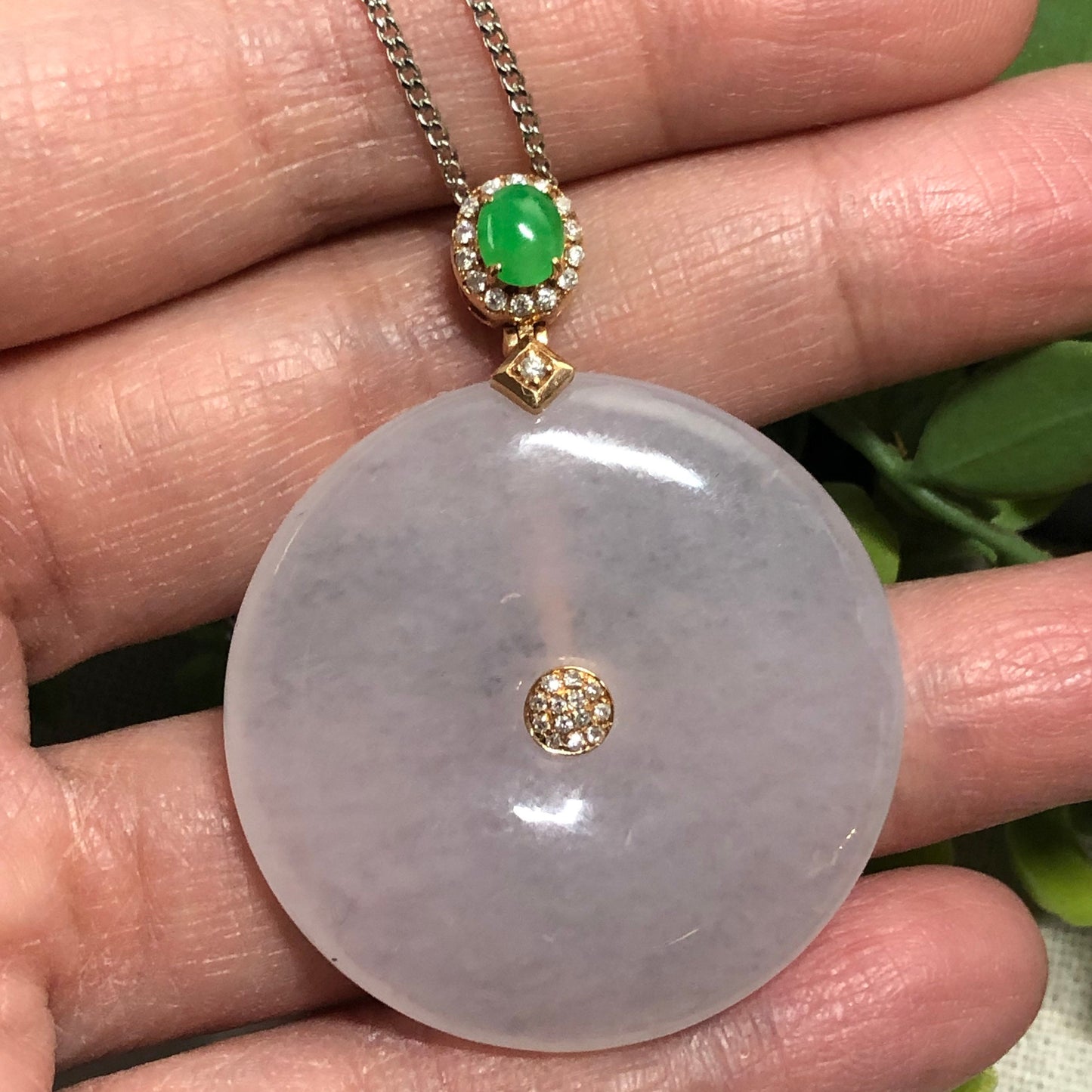 SALE: Grade A Jade Jadeite Moist Icy Light Pink Peace Donut set on 18K White Gold with Cabochon Bail Diamonds
