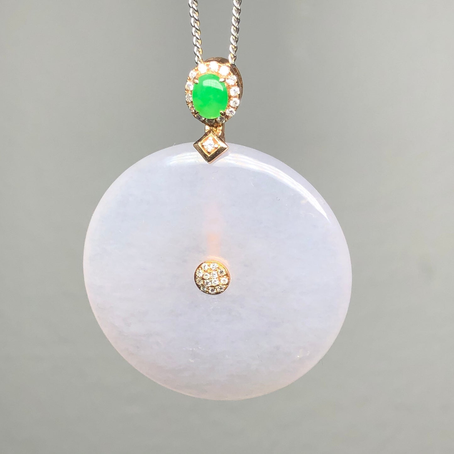 SALE: Grade A Jade Jadeite Moist Icy Light Pink Peace Donut set on 18K White Gold with Cabochon Bail Diamonds