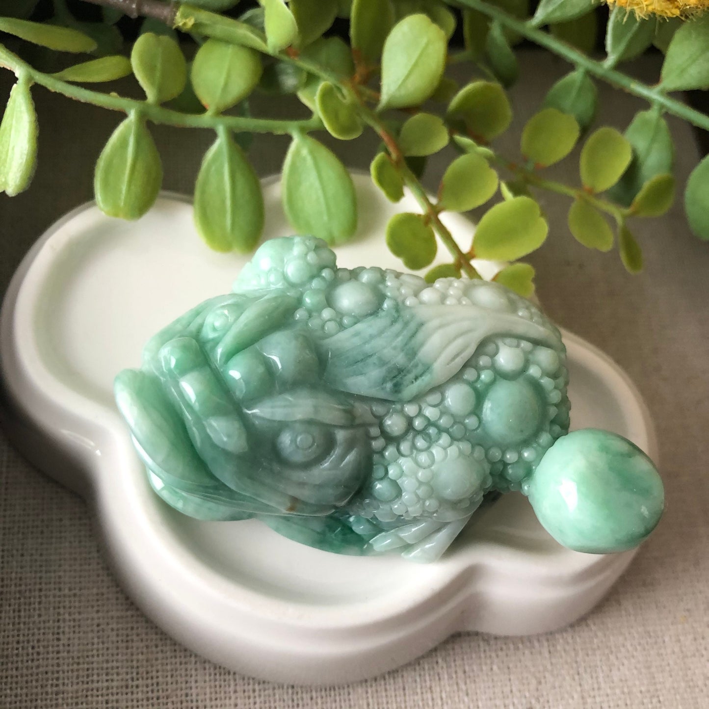 Grade A Earthy Green Carved 3 Legged Toad Jadeite Jade Display Figurine with Wood Stand