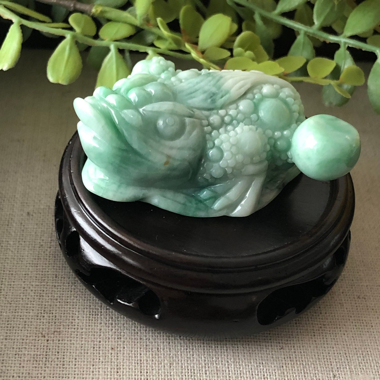 Grade A Earthy Green Carved 3 Legged Toad Jadeite Jade Display Figurine with Wood Stand