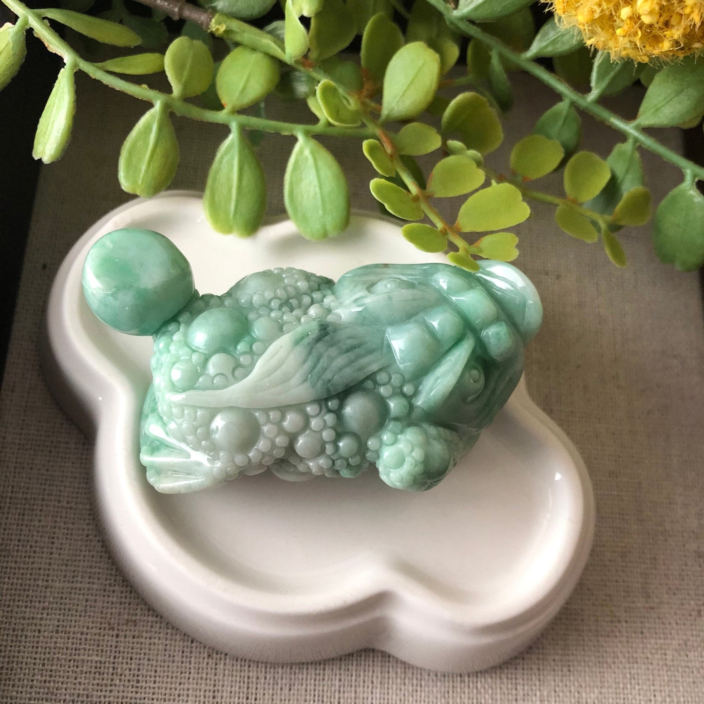 Grade A Earthy Green Carved 3 Legged Toad Jadeite Jade Display Figurine with Wood Stand