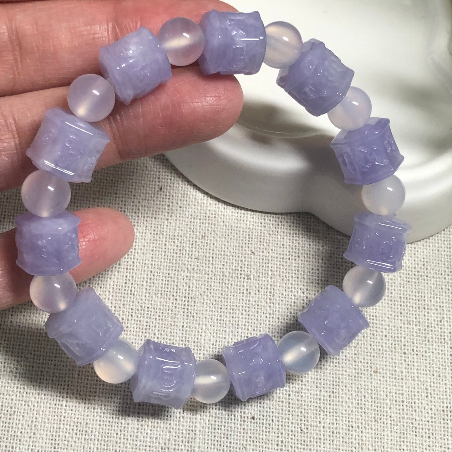RESERVED: 10 mm Grade A Carved Lavender Six Word Blessing Jadeite Jade Bracelet 11 pcs.