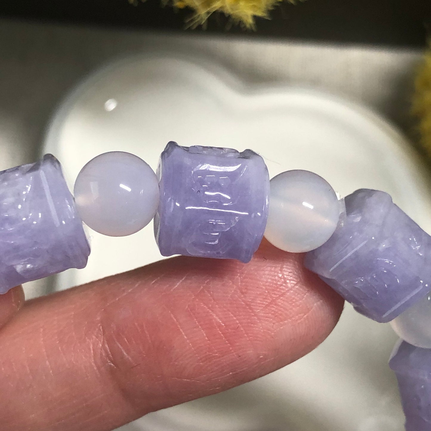 RESERVED: 10 mm Grade A Carved Lavender Six Word Blessing Jadeite Jade Bracelet 11 pcs.