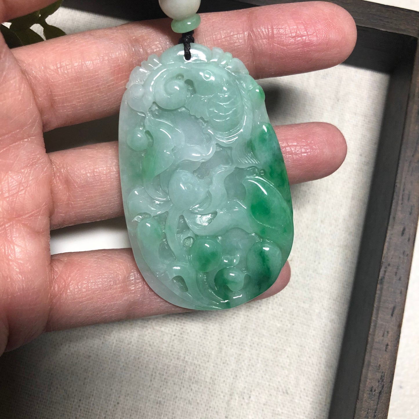 56.3 mm Myanmar Grade A Green Moss Carved Lotus Flower Fish Jade Jadeite Pendant
