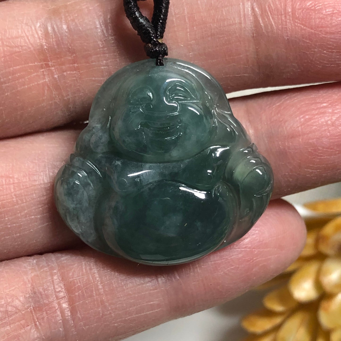 24.9 mm Grade A Jadeite Jade Carved Icy Earthy Green Buddha Pendant Keychain