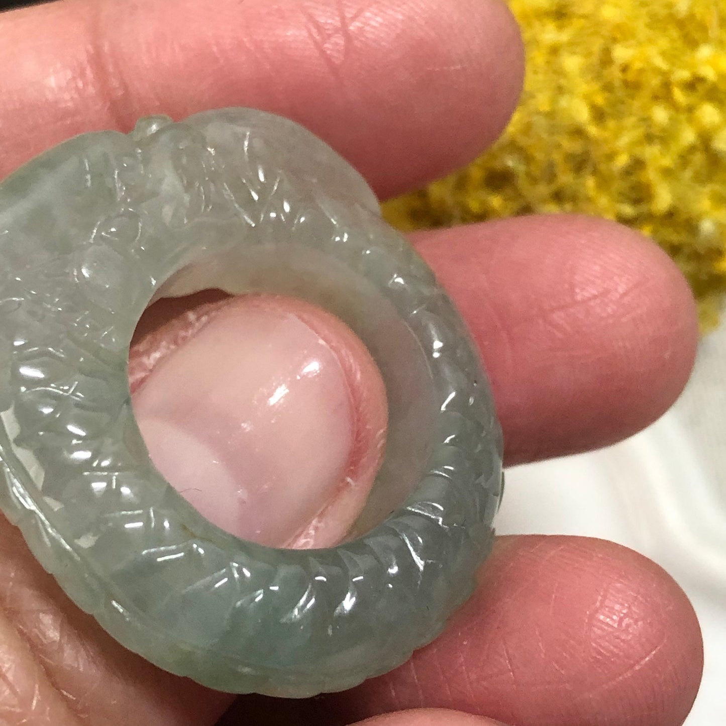 31mm Grade A Icy Glutinous Green Carved Dragon Head Jadeite Jade Ring Pendant