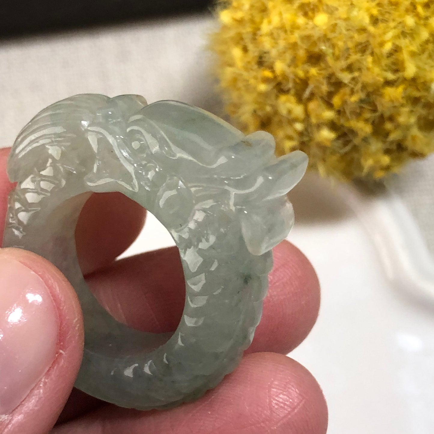 31mm Grade A Icy Glutinous Green Carved Dragon Head Jadeite Jade Ring Pendant