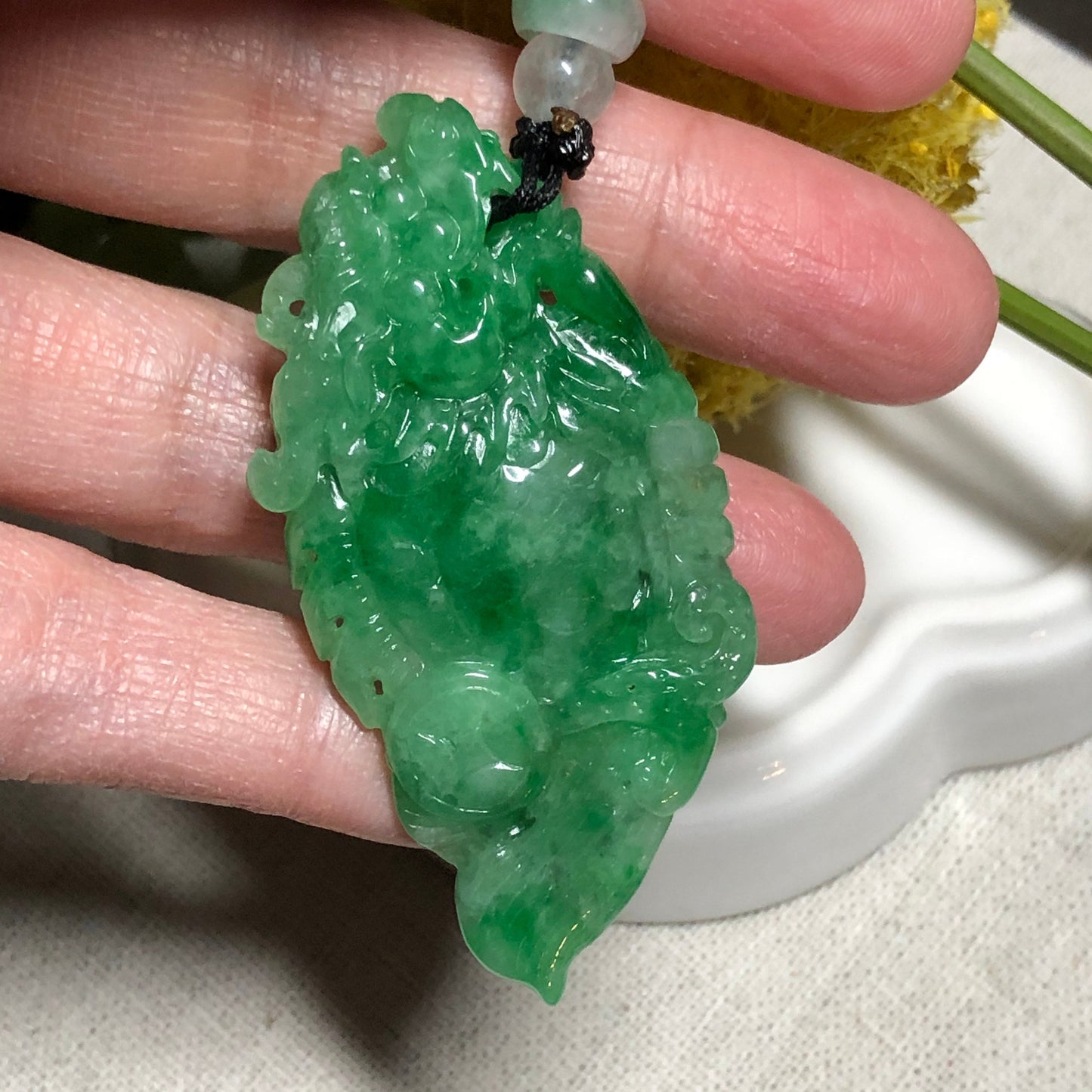 56 mm Certified Grade A Yang Green Carved Dragon Fish Pendant NEW
