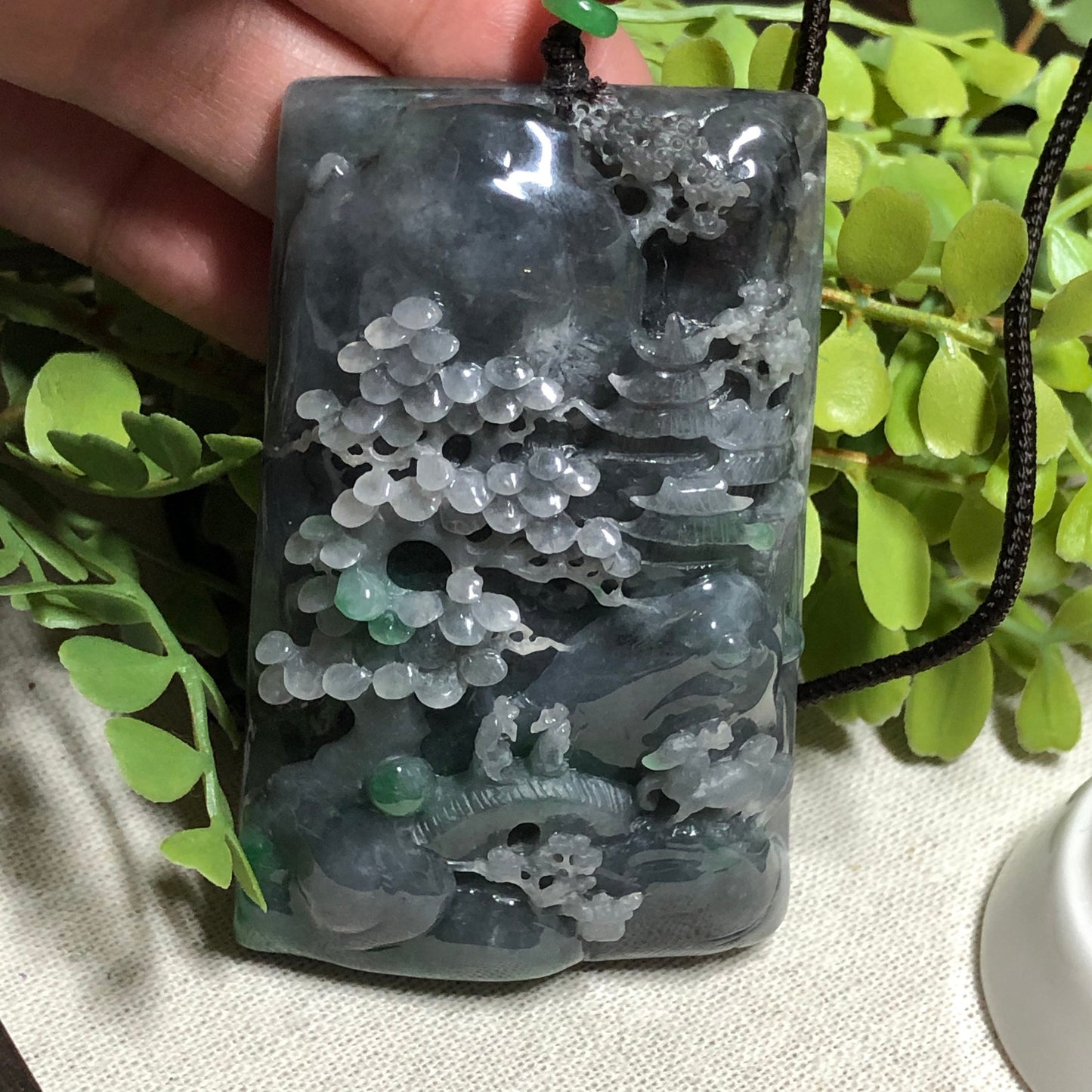 RESERVED: 72.6 mm Certified Grade A Wuji Black Carved Landscape mountain trees Pendant Display