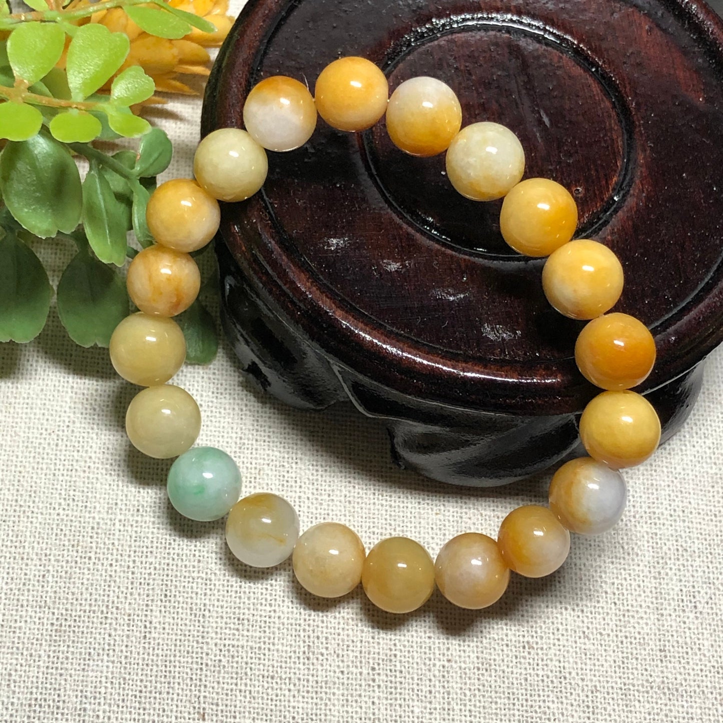10mm Grade A Moist Assorted Yellow Green Jade Jadeite Beaded Bracelet 20pcs.
