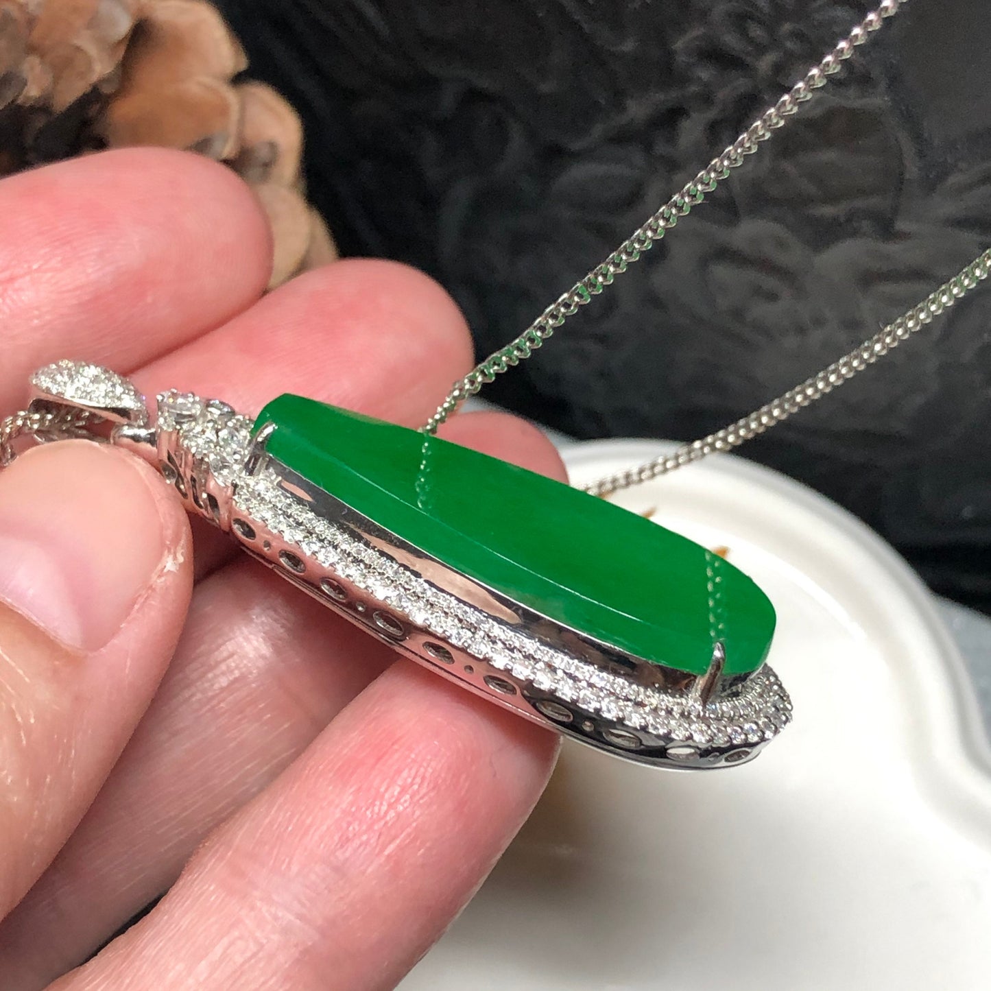 Yang Green Jadeite Jade Water Drop Pendant 18K White Gold Diamonds