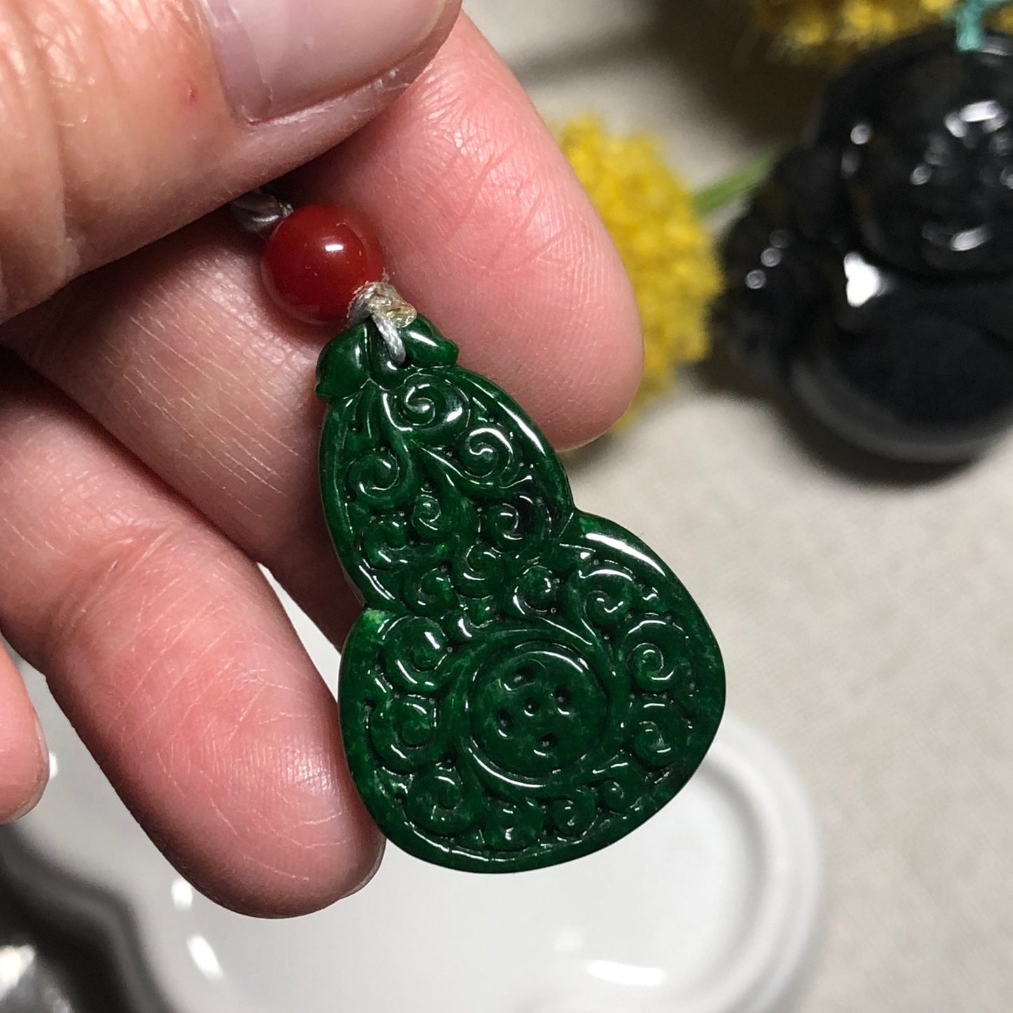 30.2mm Grade A Carved Asian Yang Green Gourd Hulu Jadeite Jade Pendant