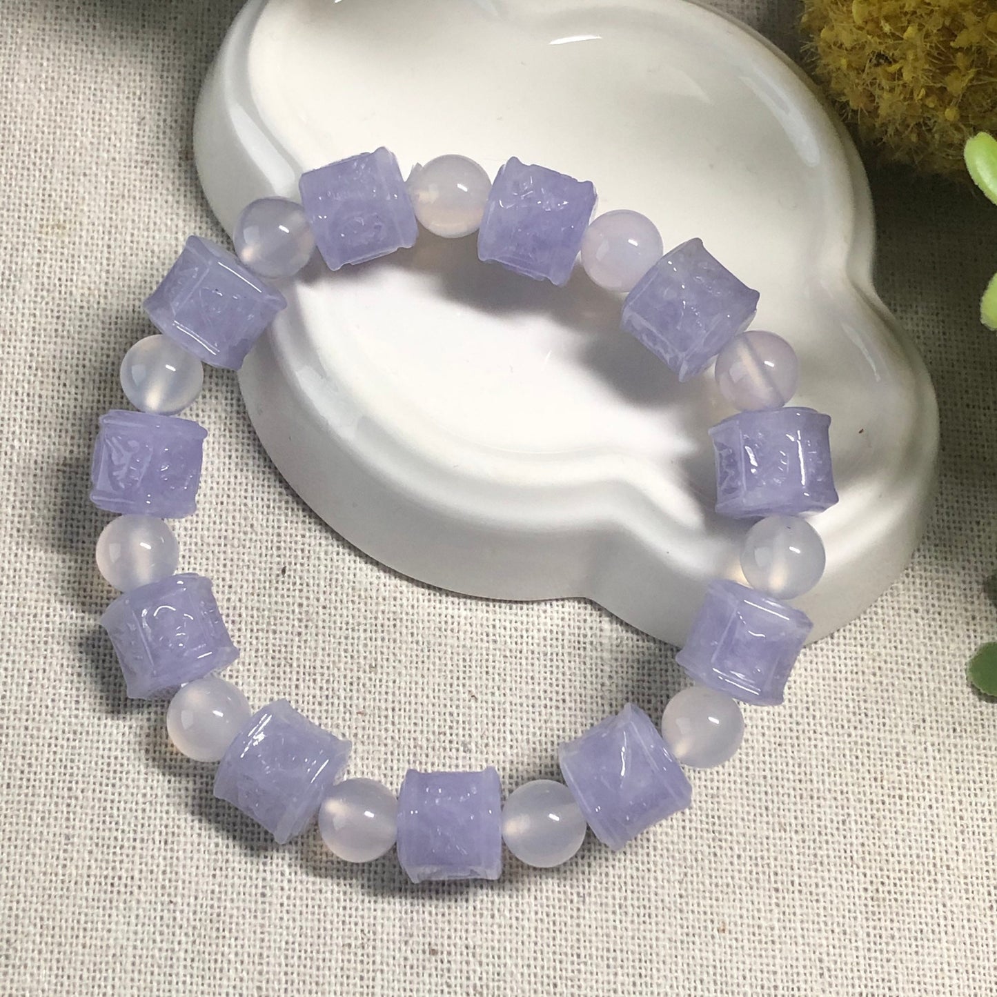 RESERVED: 10 mm Grade A Carved Lavender Six Word Blessing Jadeite Jade Bracelet 11 pcs.
