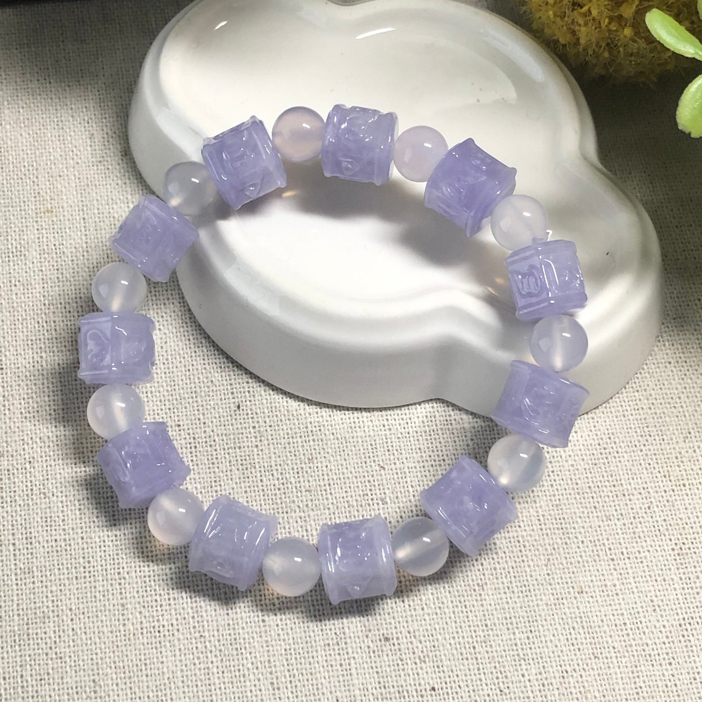 RESERVED: 10 mm Grade A Carved Lavender Six Word Blessing Jadeite Jade Bracelet 11 pcs.