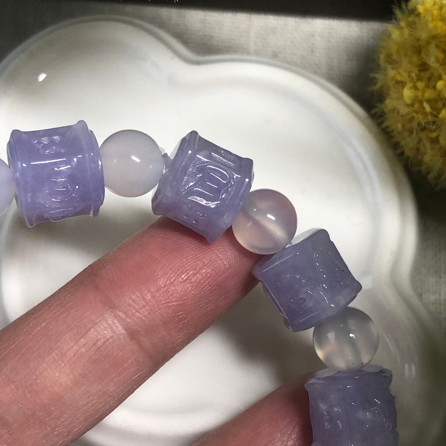 RESERVED: 10 mm Grade A Carved Lavender Six Word Blessing Jadeite Jade Bracelet 11 pcs.
