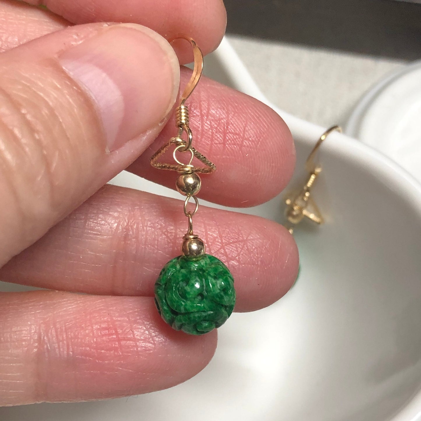 SALE: 14K Grade A Jadeite Earthy Carved Green Spherical Ball Dangling Earrings