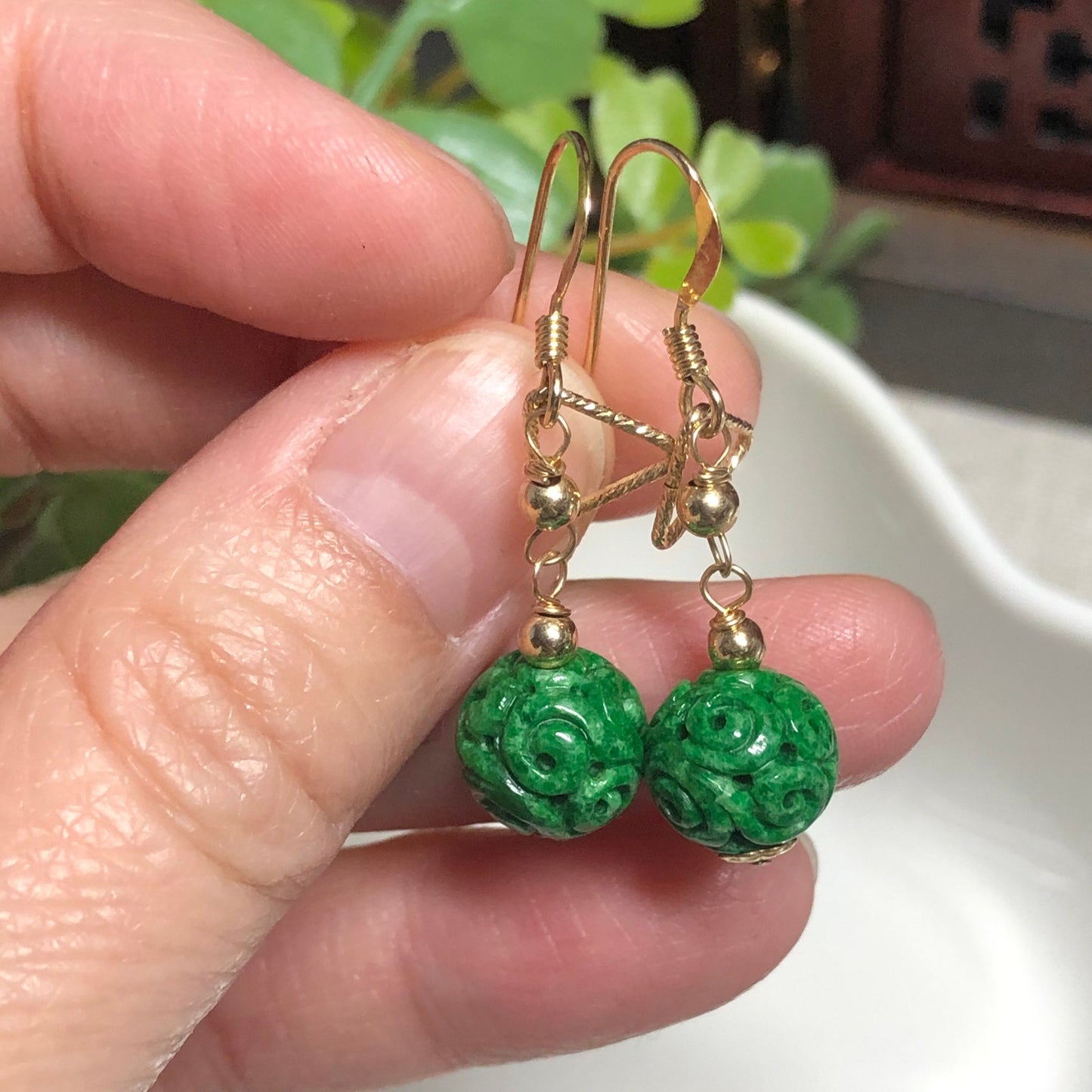 SALE: 14K Grade A Jadeite Earthy Carved Green Spherical Ball Dangling Earrings