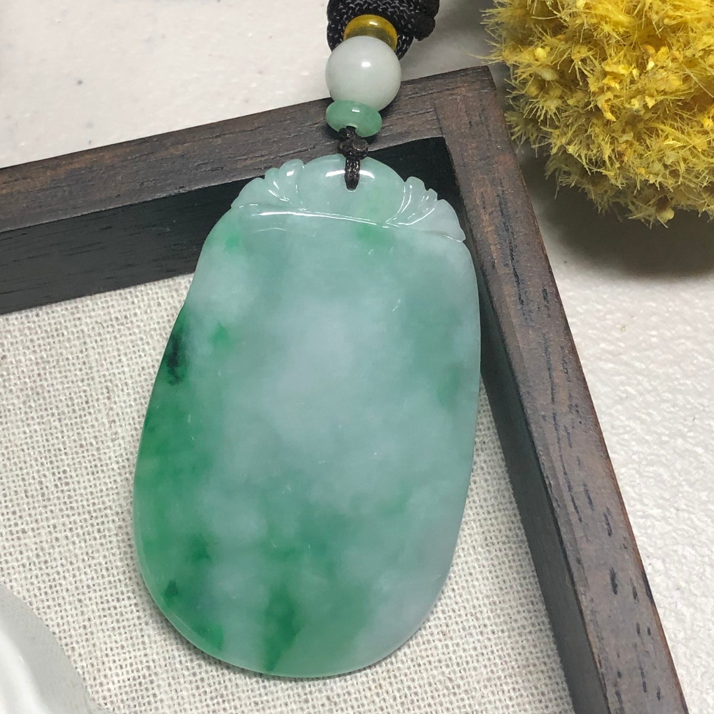 56.3 mm Myanmar Grade A Green Moss Carved Lotus Flower Fish Jade Jadeite Pendant