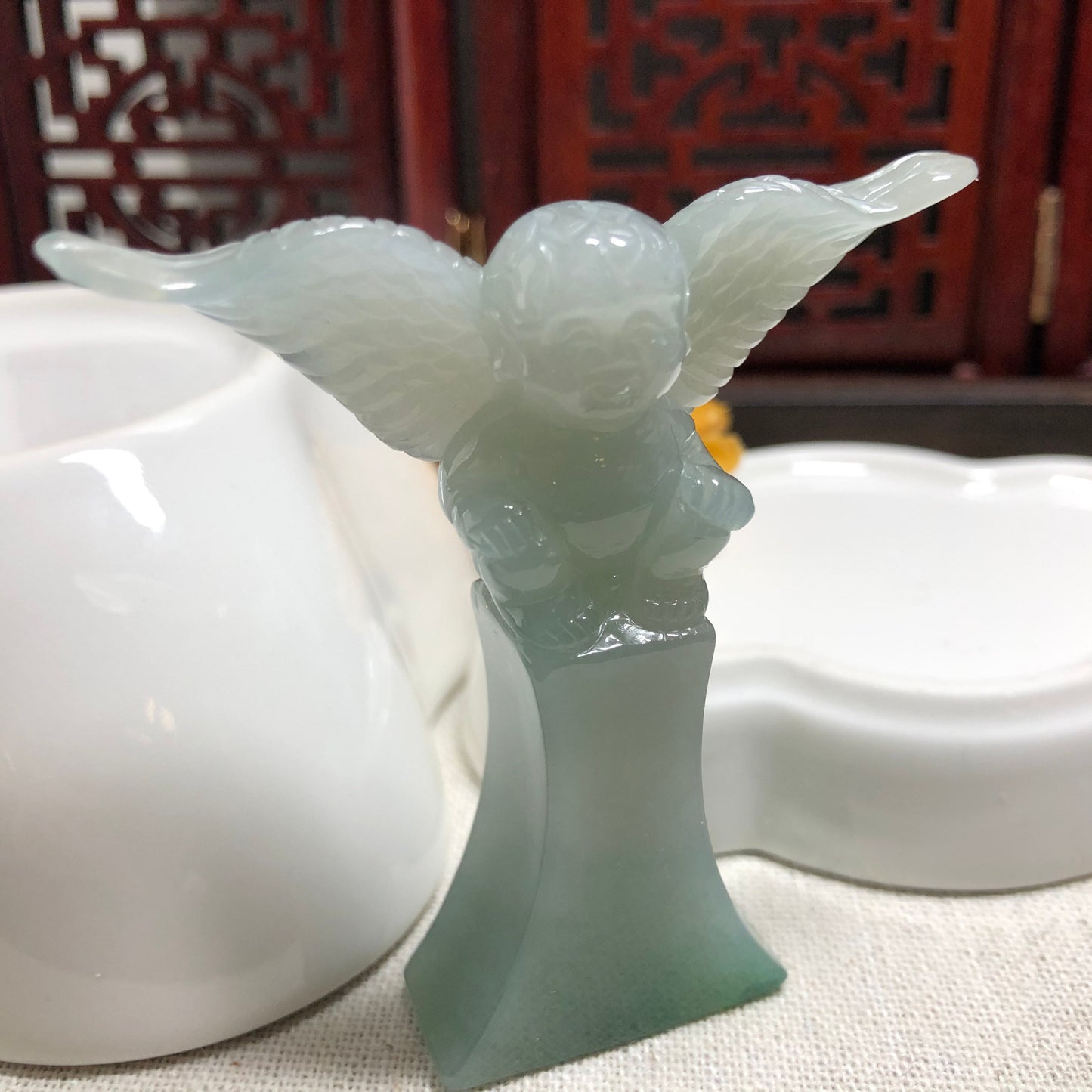 61.1 mm Grade A Jadeite Jade Icy Green Carved Cupid Love Angel Display Figurine Valentines Day
