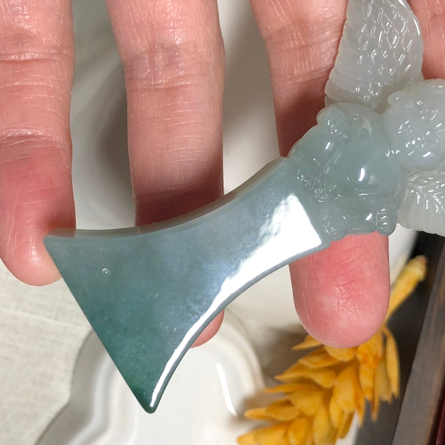 61.1 mm Grade A Jadeite Jade Icy Green Carved Cupid Love Angel Display Figurine Valentines Day