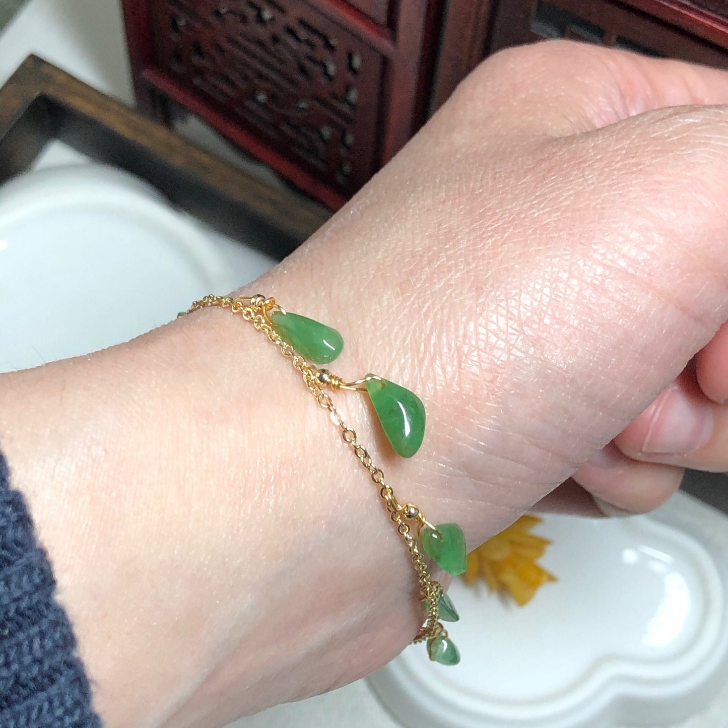 14K Gold Grade A Asst Green Shape dropslets Icy Jade Jadeite Bracelet set on 14K gold.