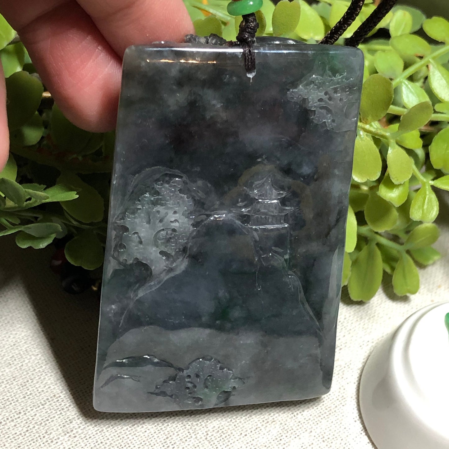 RESERVED: 72.6 mm Certified Grade A Wuji Black Carved Landscape mountain trees Pendant Display