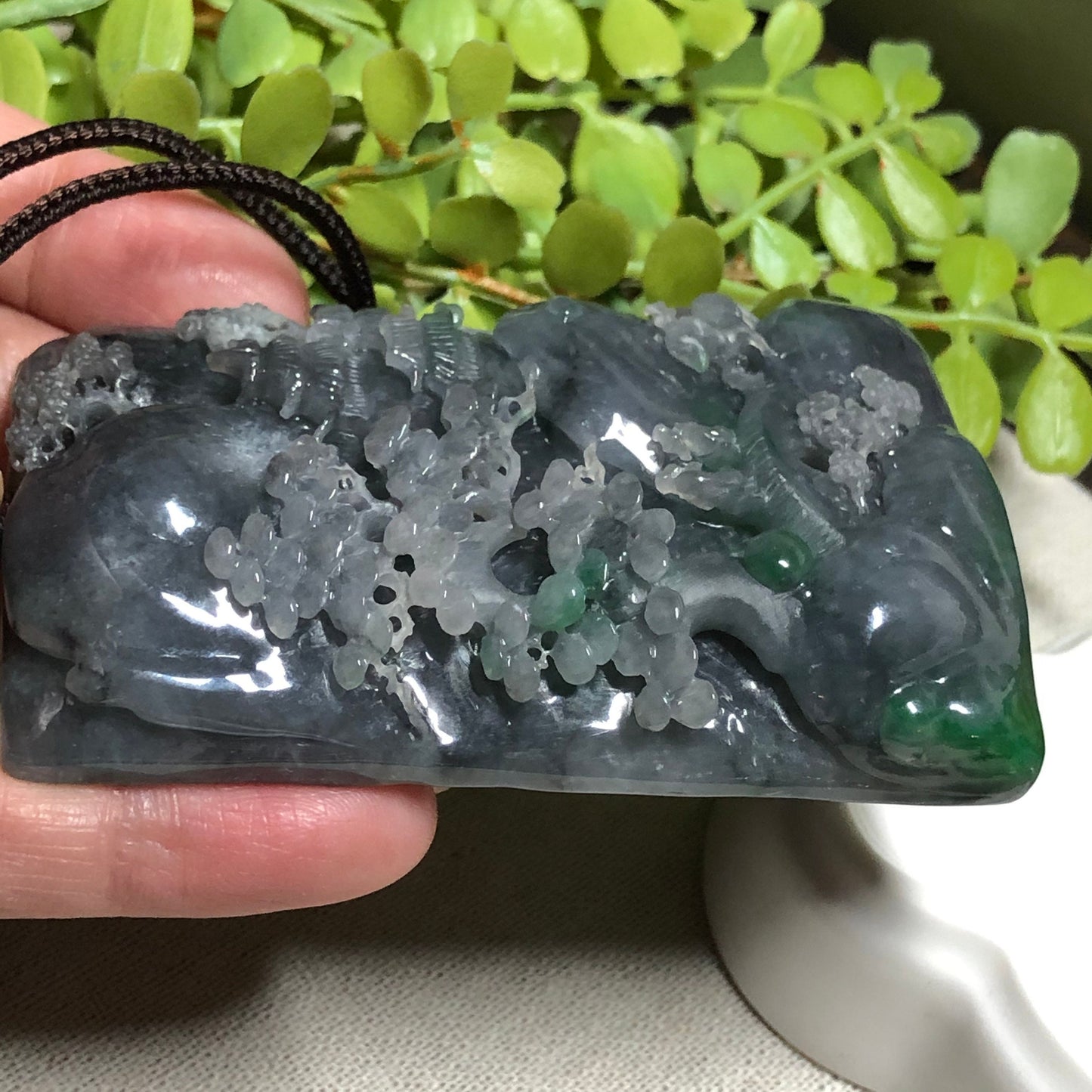 RESERVED: 72.6 mm Certified Grade A Wuji Black Carved Landscape mountain trees Pendant Display