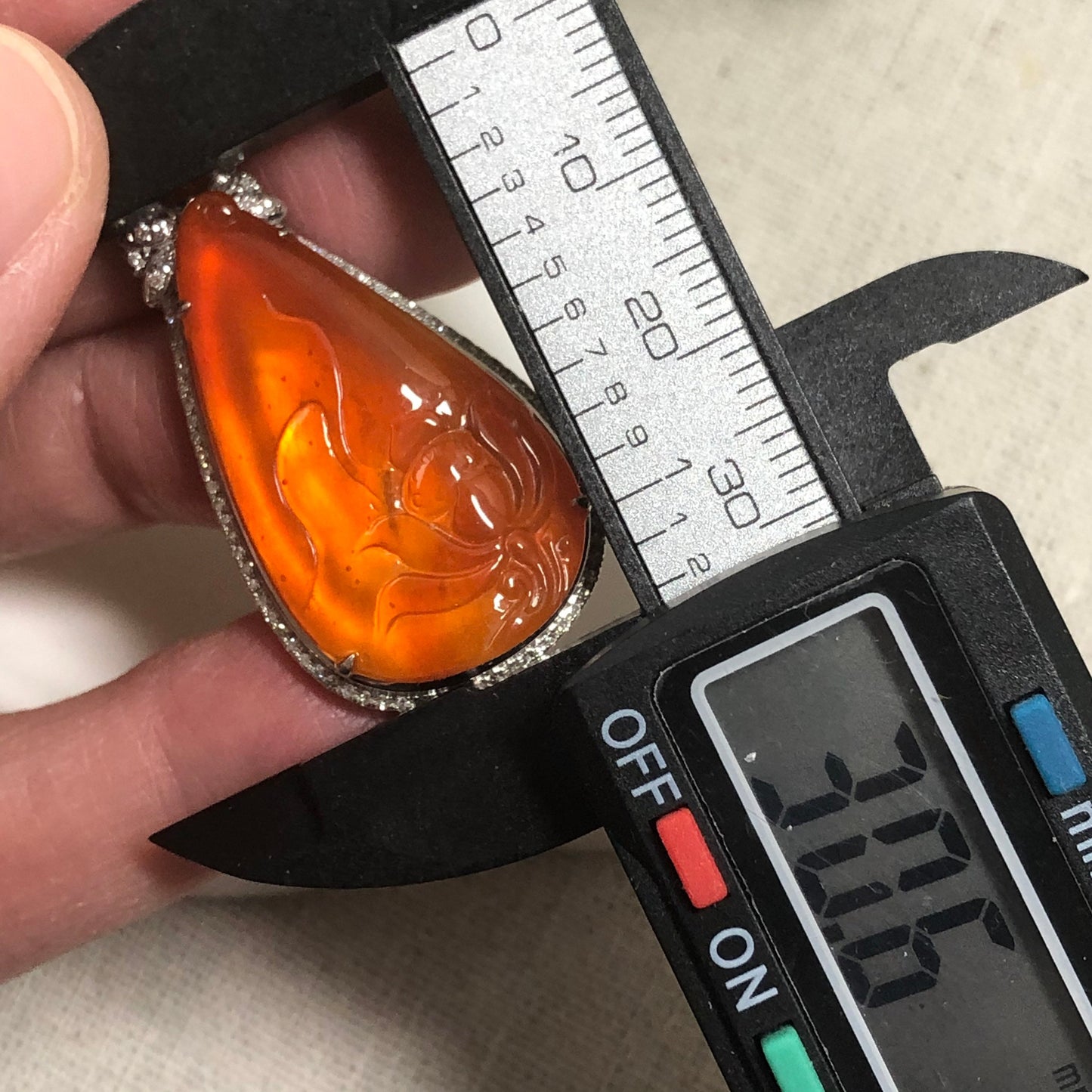 SOLD OUT: 43.8mm Grade A Red Brown Jadeite Jade Water Drop Pendant 18K White Gold Diamonds