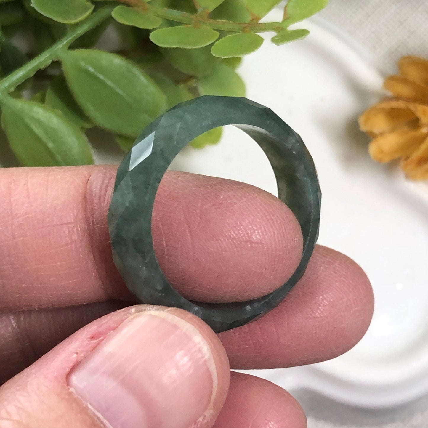 NEW Certified Myanmar Grade A Icy Jadeite Jade Blue Green Diamond Cut Band Ring