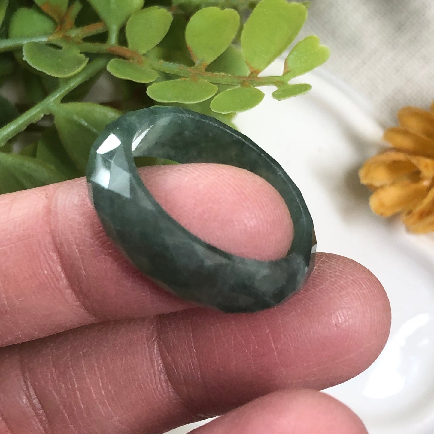 NEW Certified Myanmar Grade A Icy Jadeite Jade Blue Green Diamond Cut Band Ring