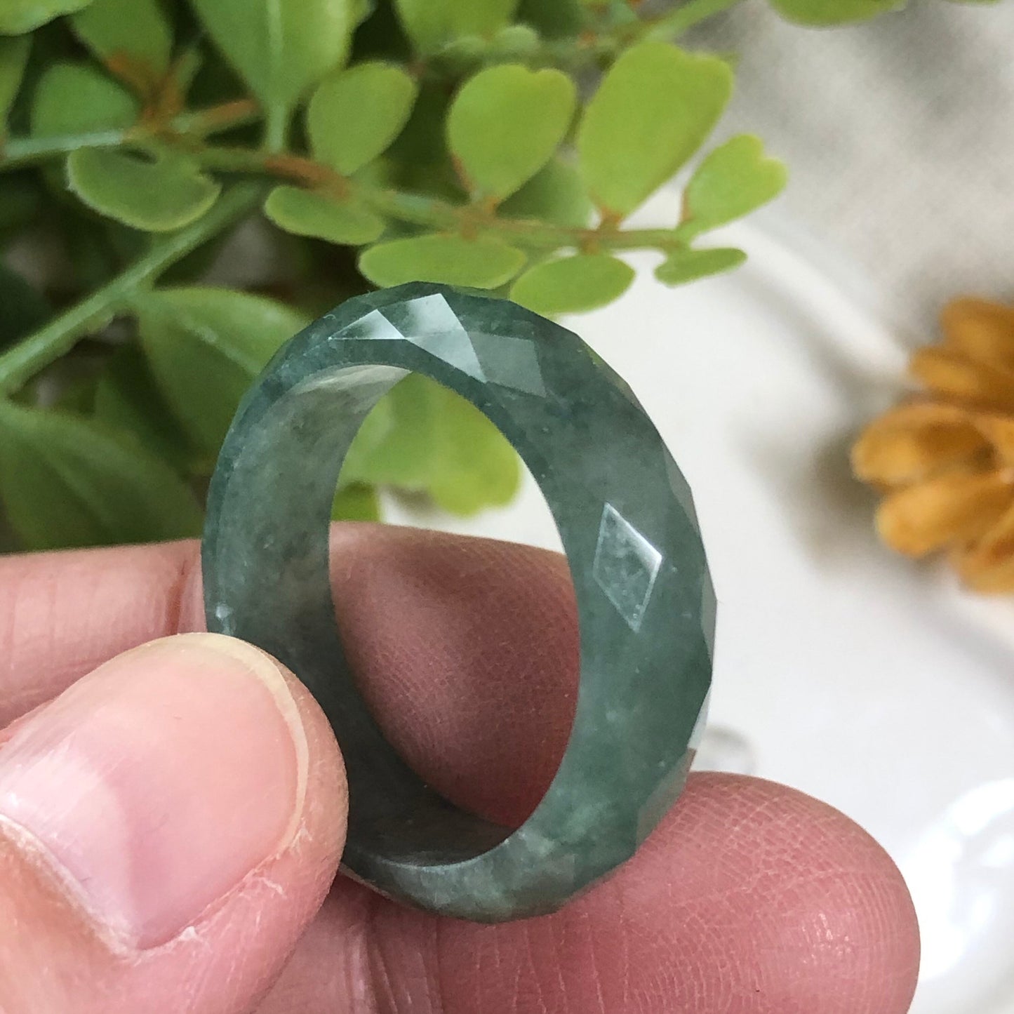 NEW Certified Myanmar Grade A Icy Jadeite Jade Blue Green Diamond Cut Band Ring