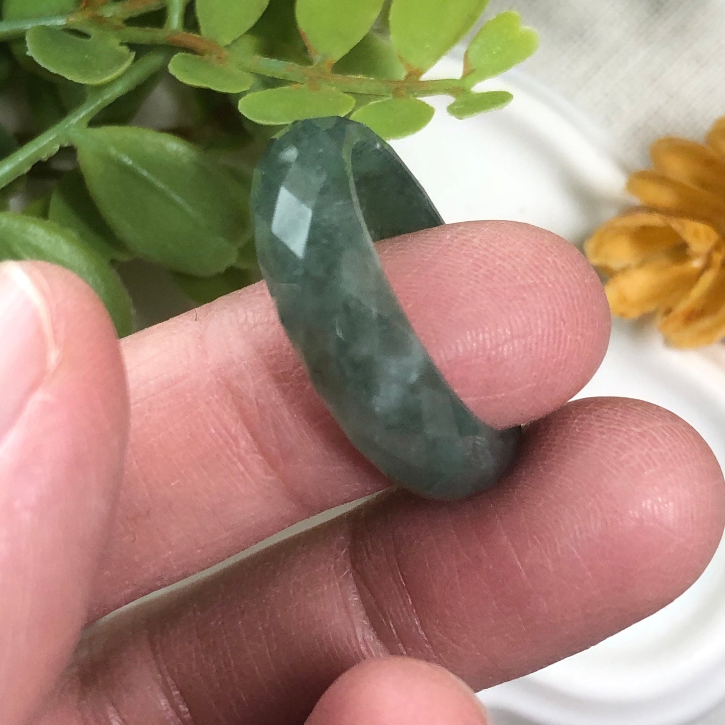 NEW Certified Myanmar Grade A Icy Jadeite Jade Blue Green Diamond Cut Band Ring
