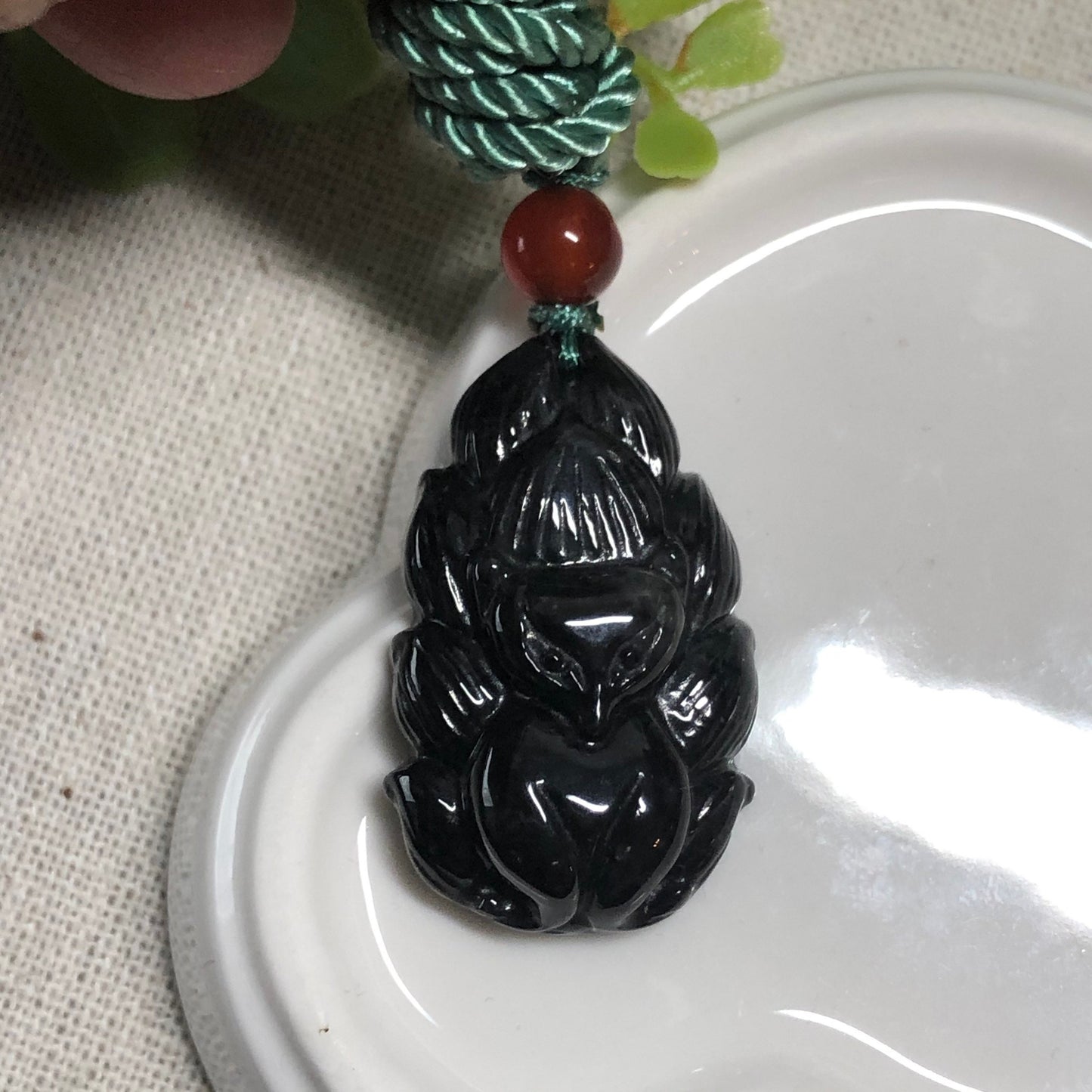 Carved Fox Grade A Wuji Black Jadeite Jade Pendant Display