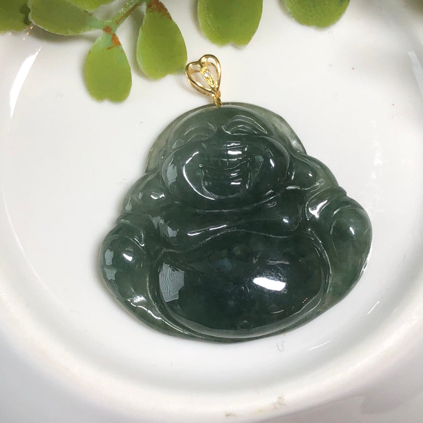 SALE: 31.5mm Grade A Jadeite Jade Carved Icy Happy Buddha Pendant 18K Gold Bail